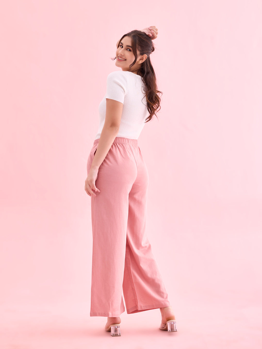 Baby Pink Viscose Blend Linen Palazzos