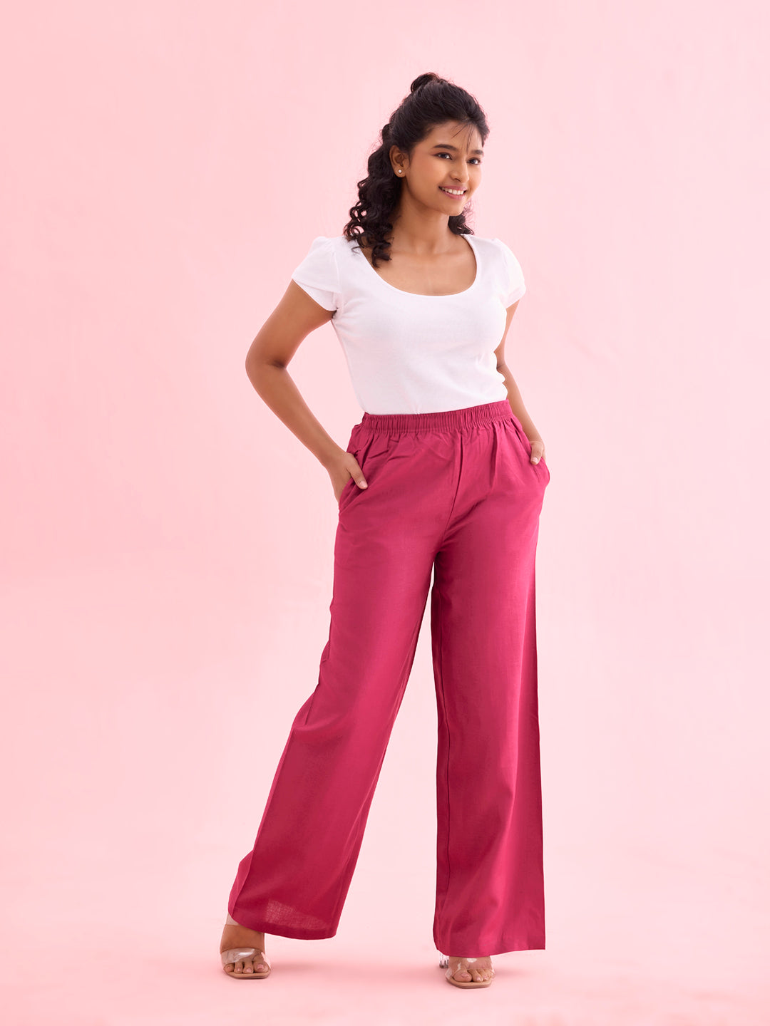 Dark Rose Viscose Blend Linen Palazzos