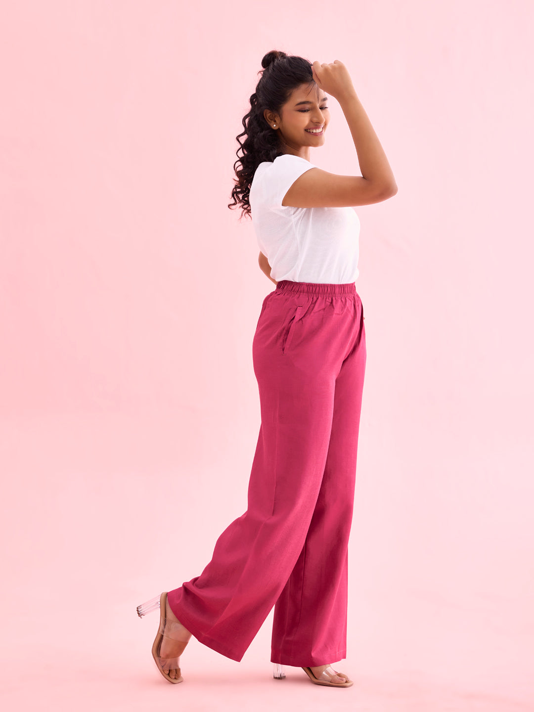 Dark Rose Viscose Blend Linen Palazzos