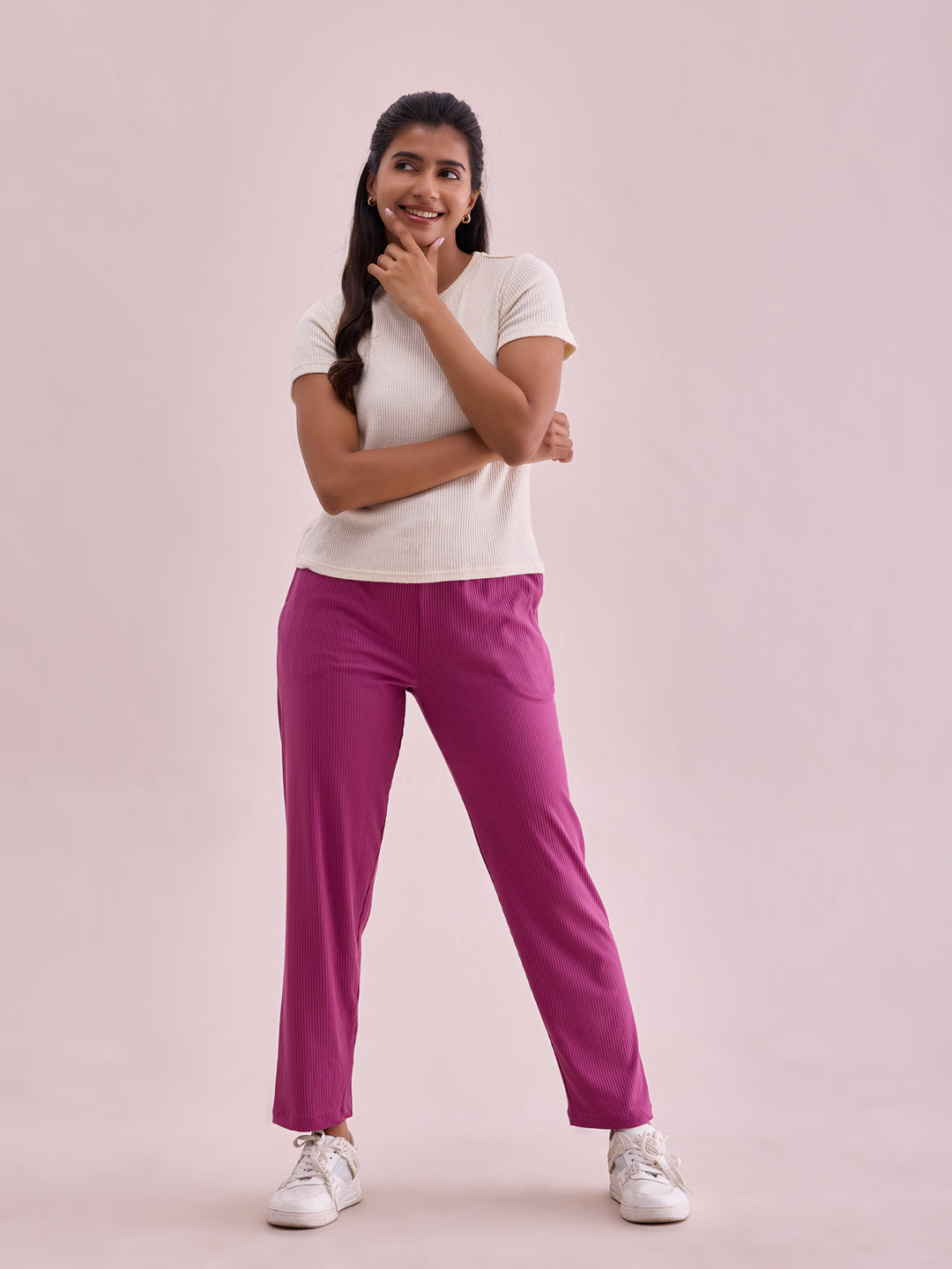Dark Pink Drop Needle Fabric Casual Rib Pant