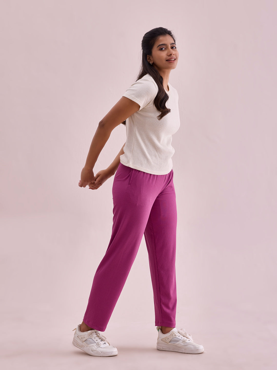 Dark Pink Drop Needle Fabric Casual Rib Pant