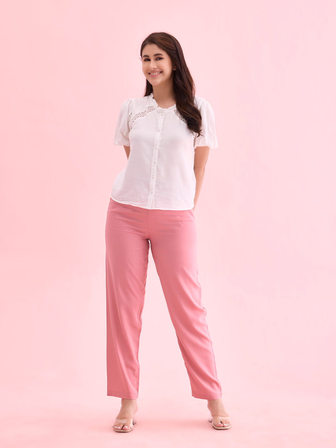 Dusty Pink Woven Viscose Casual Pants