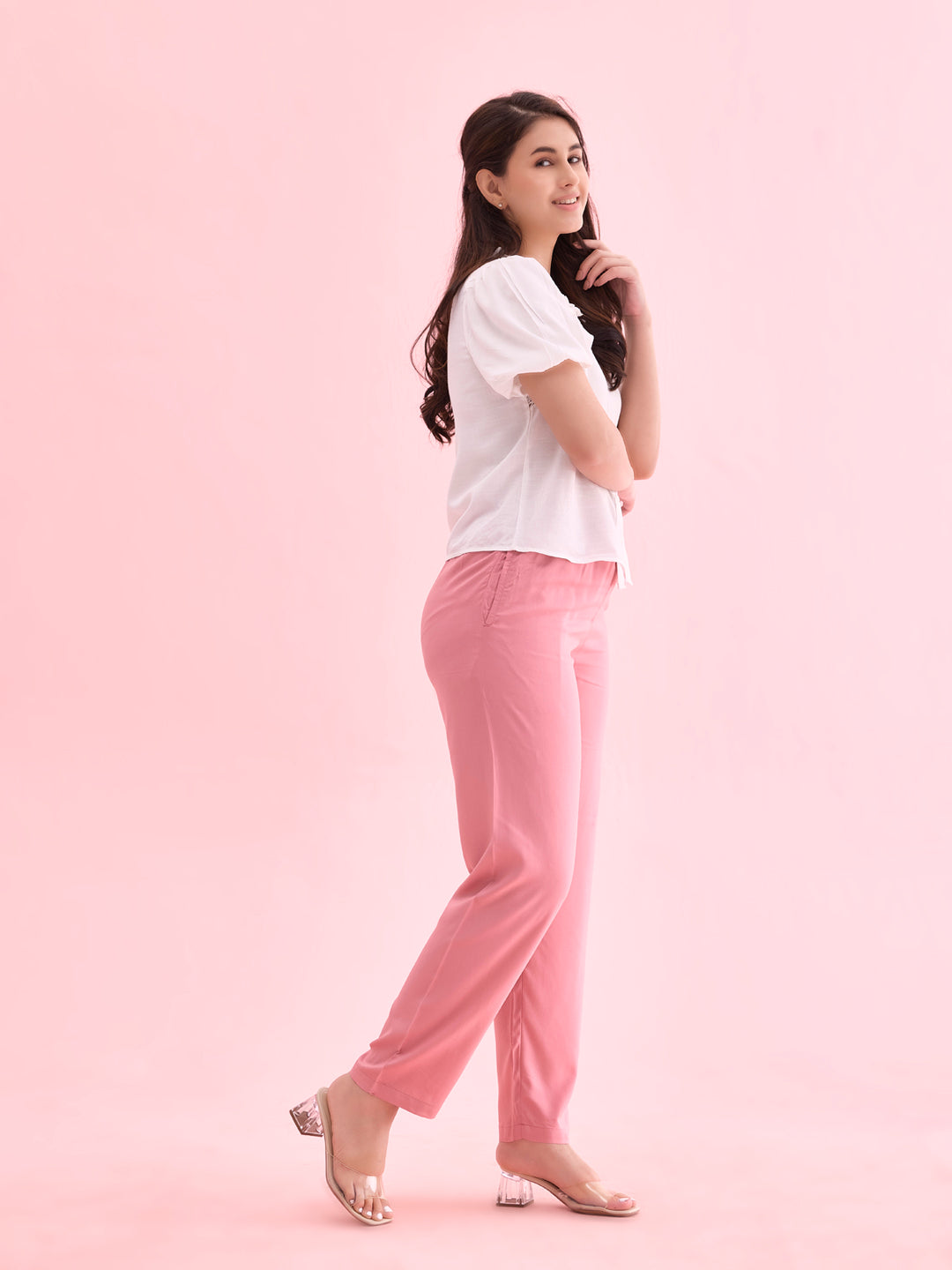Dusty Pink Woven Viscose Casual Pants