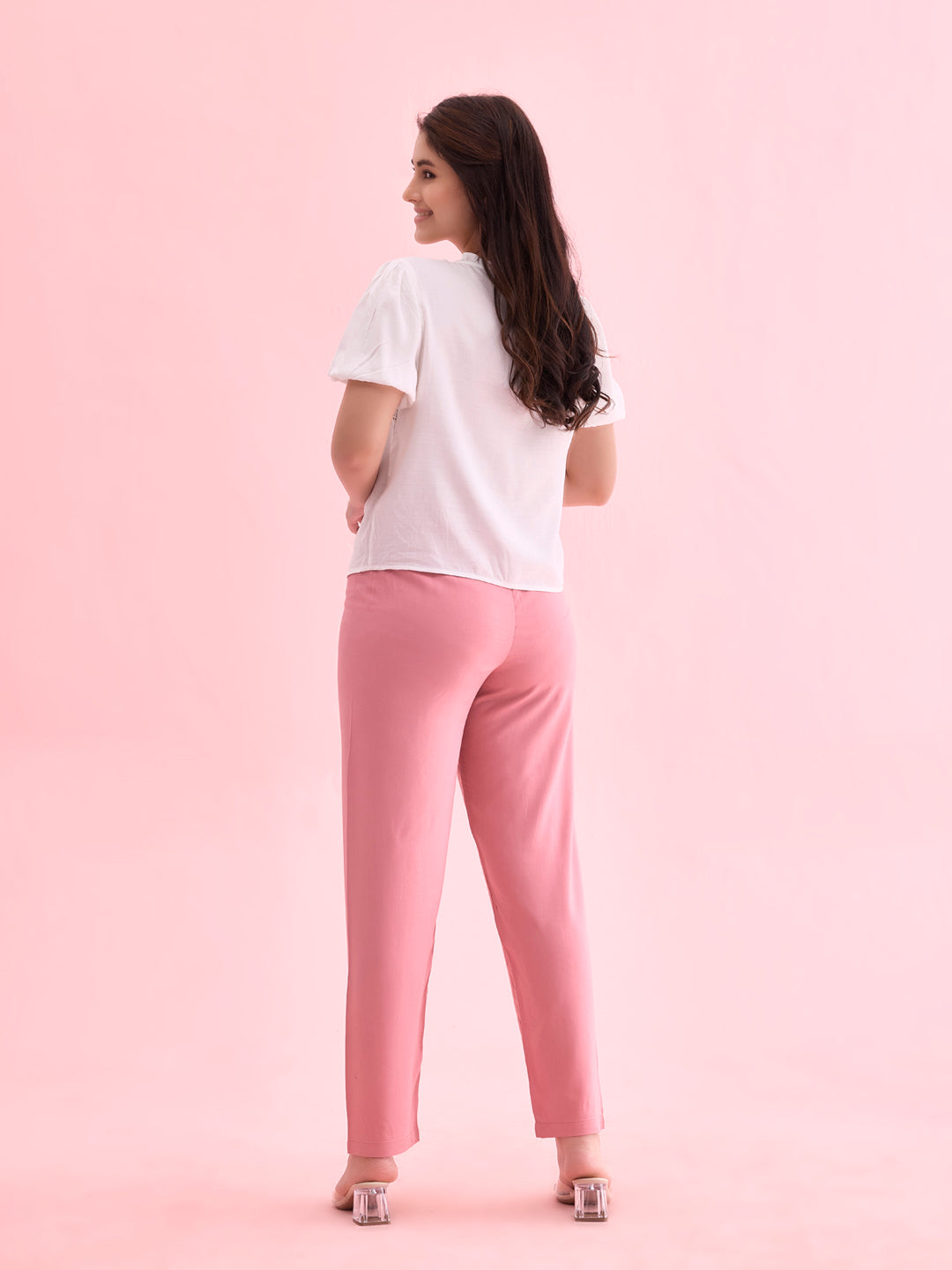 Dusty Pink Woven Viscose Casual Pants