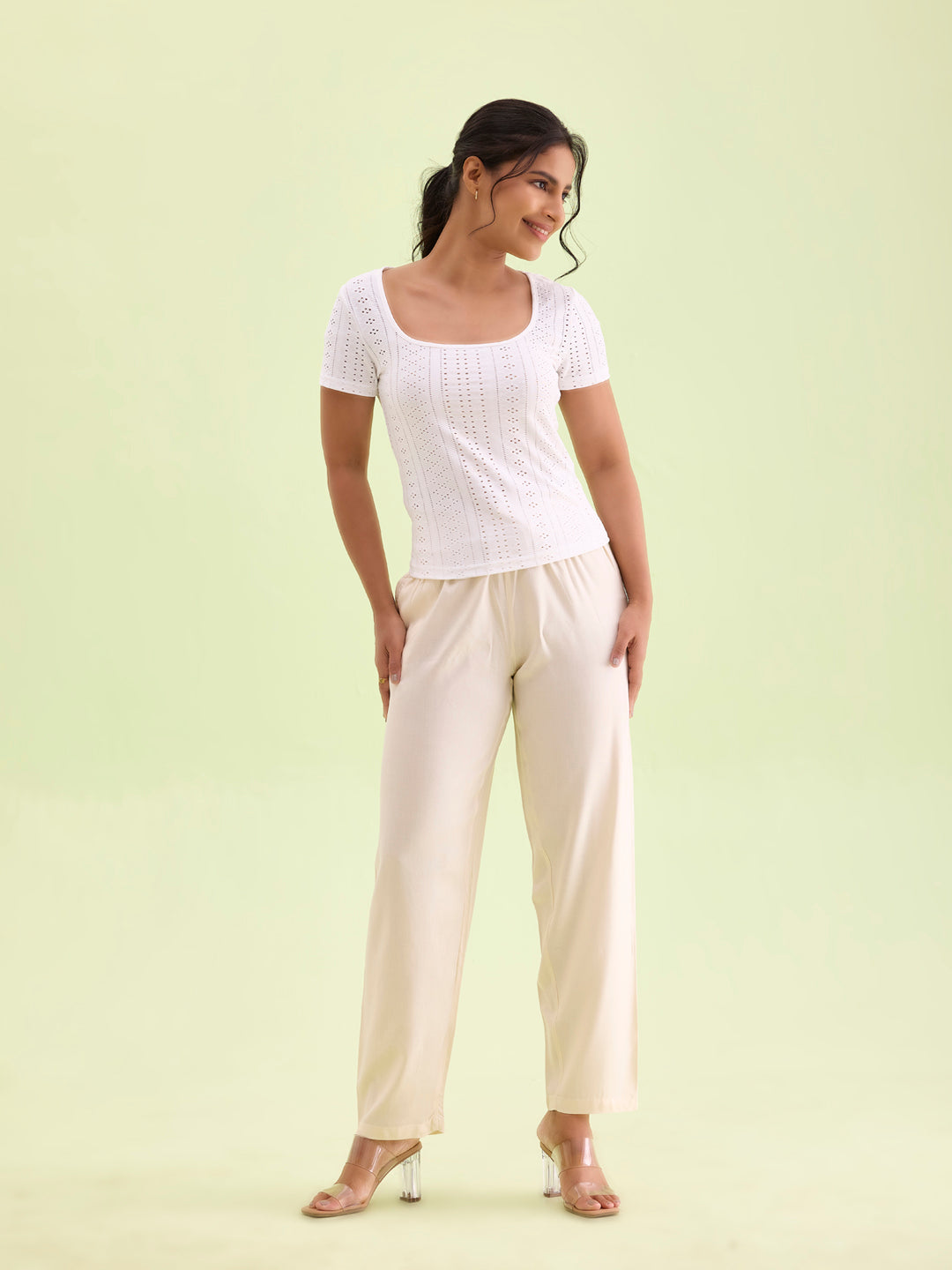 Ecru Woven Viscose Casual Pants
