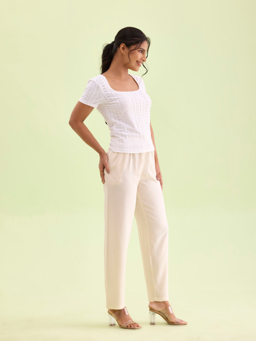 Ecru Woven Viscose Casual Pants