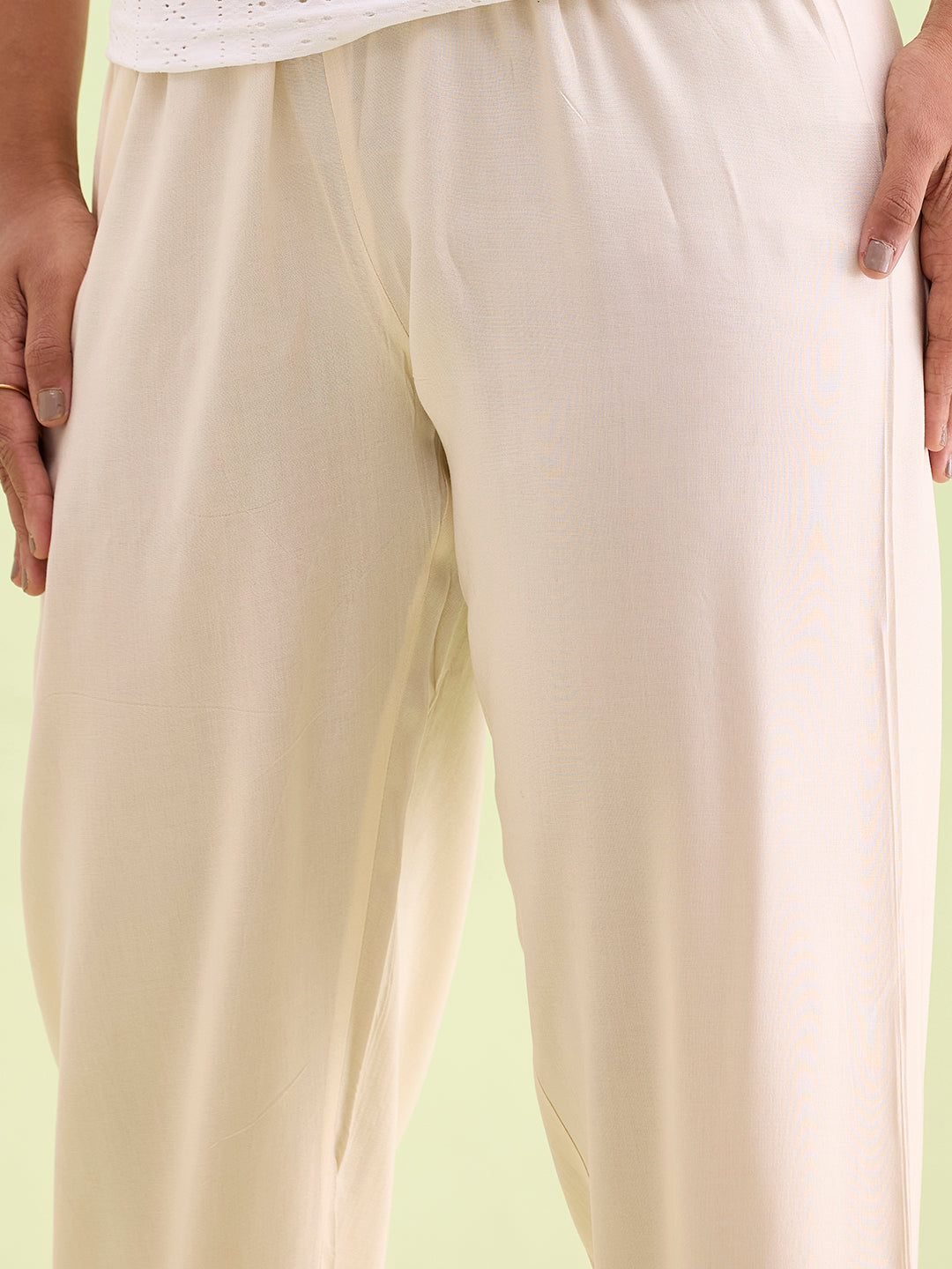 Ecru Woven Viscose Casual Pants
