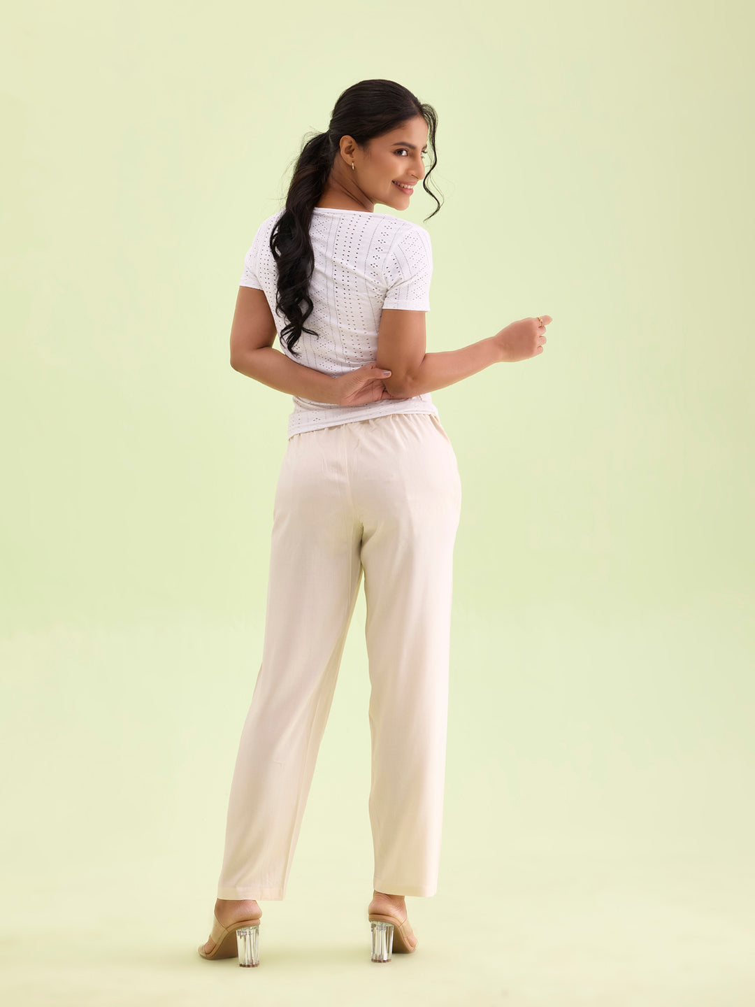 Ecru Woven Viscose Casual Pants