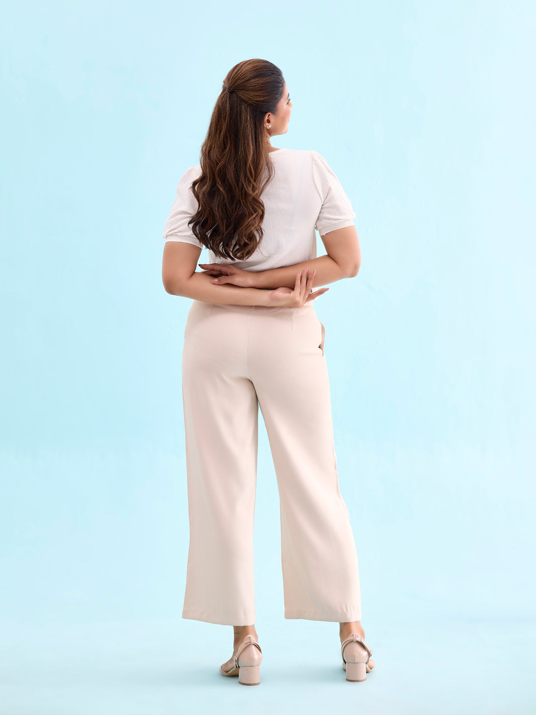 Beige Crepe Wide Trouser