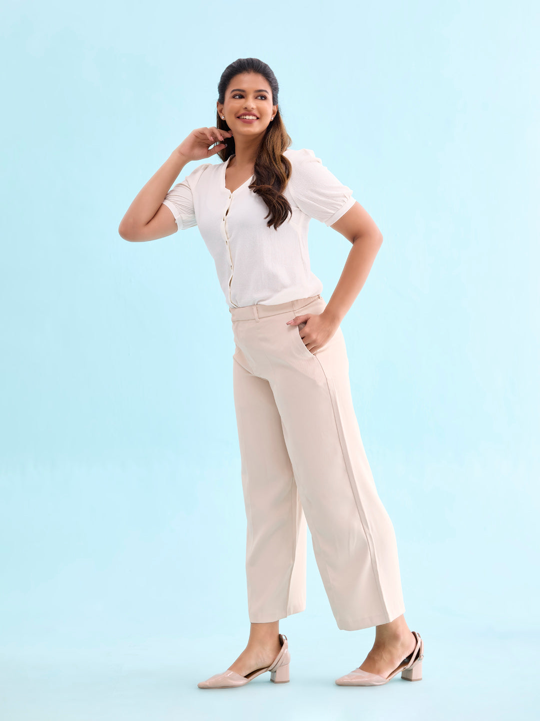 Beige Crepe Wide Trouser