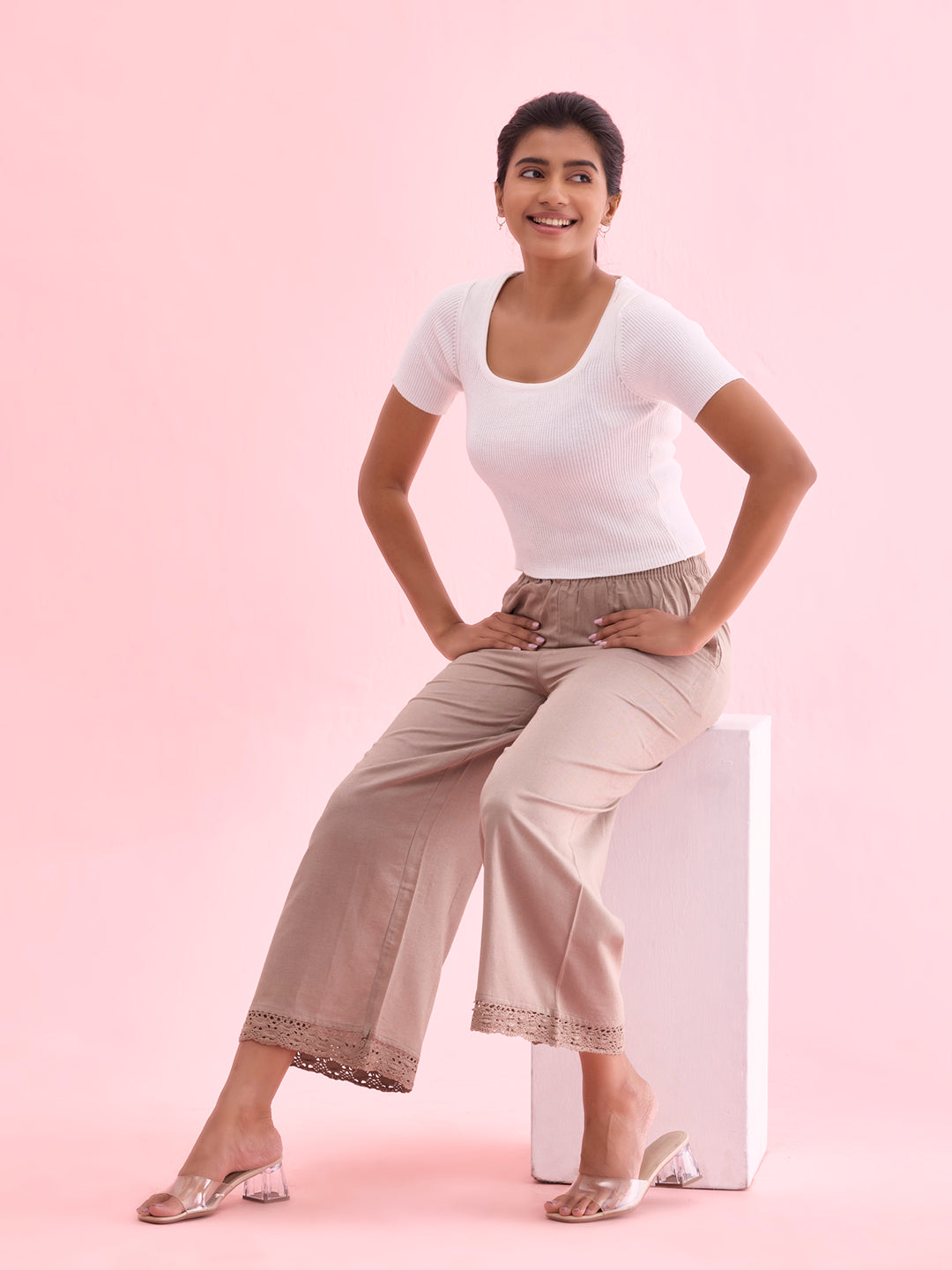 Khaki Linen Lace Palazzo