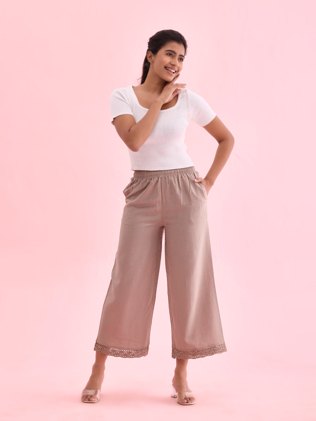 Khaki Linen Lace Palazzo