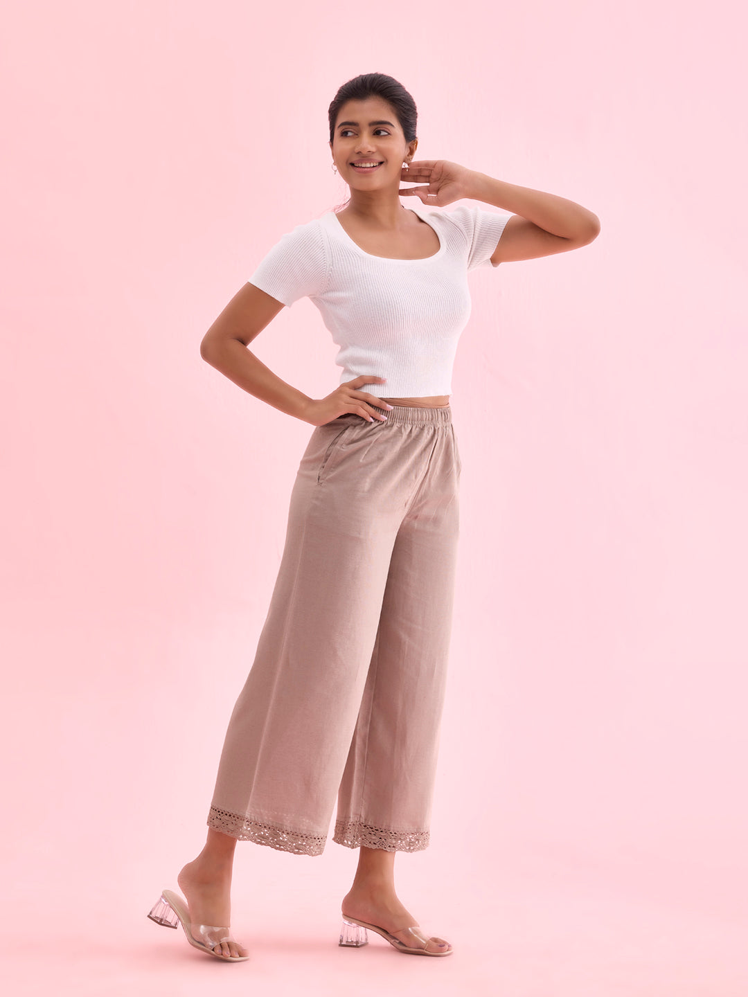 Khaki Linen Lace Palazzo