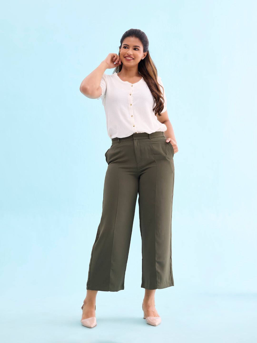 Olive Green Crepe Wide Trouser