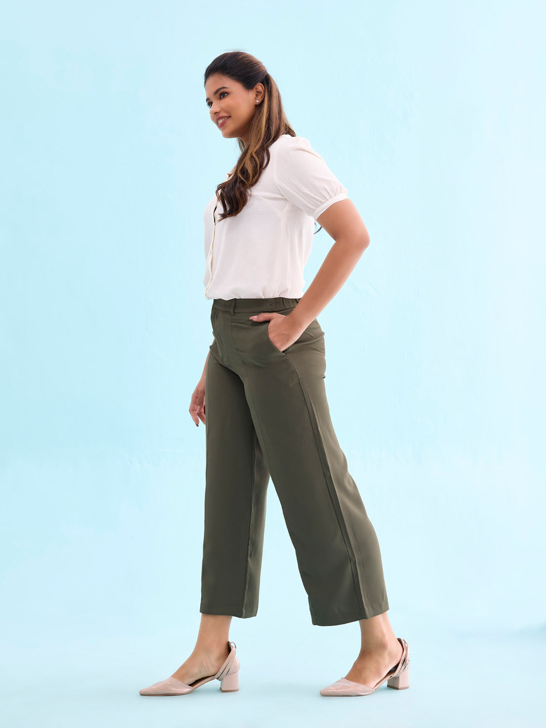 Olive Green Crepe Wide Trouser
