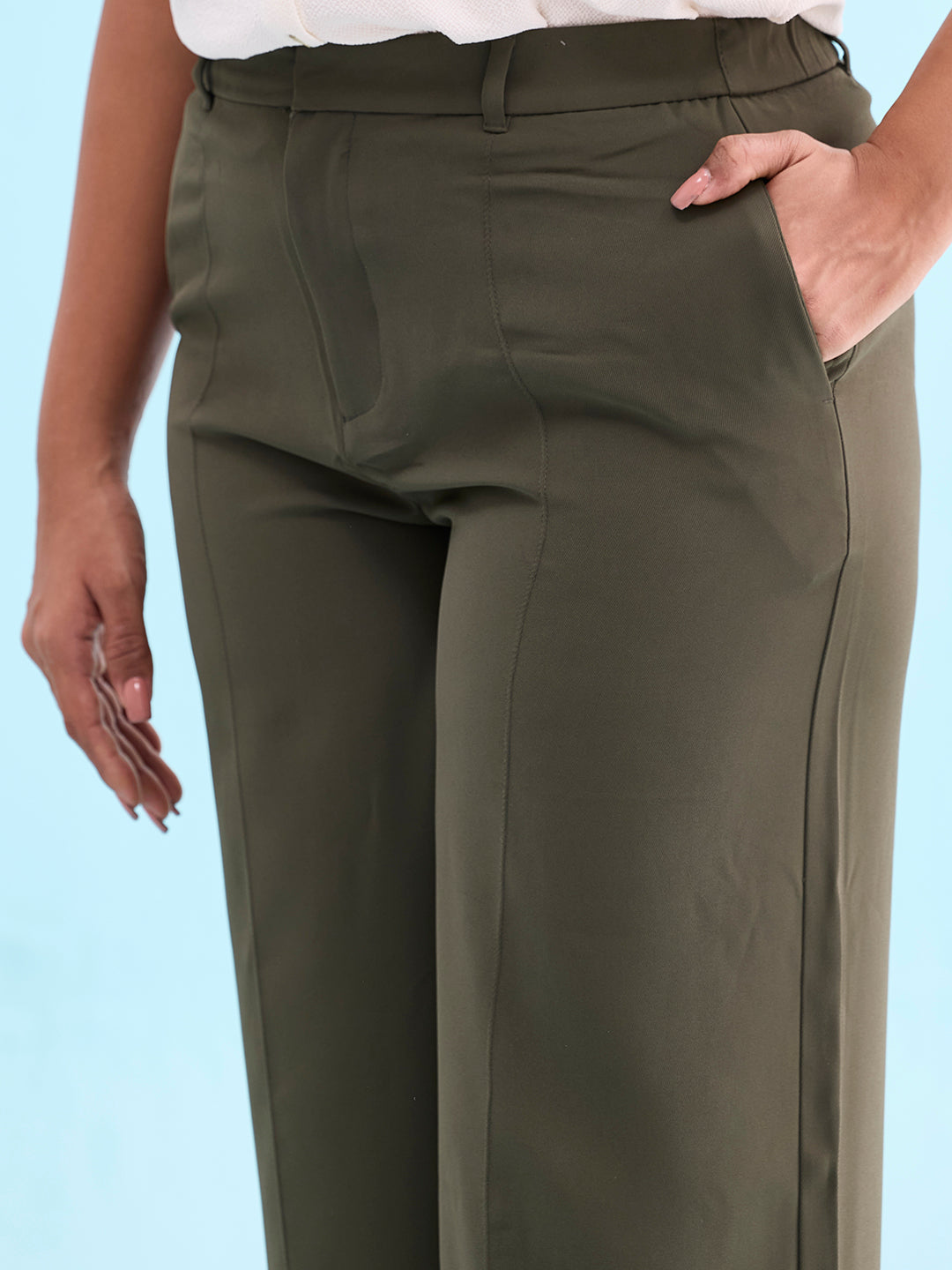 Olive Green Crepe Wide Trouser