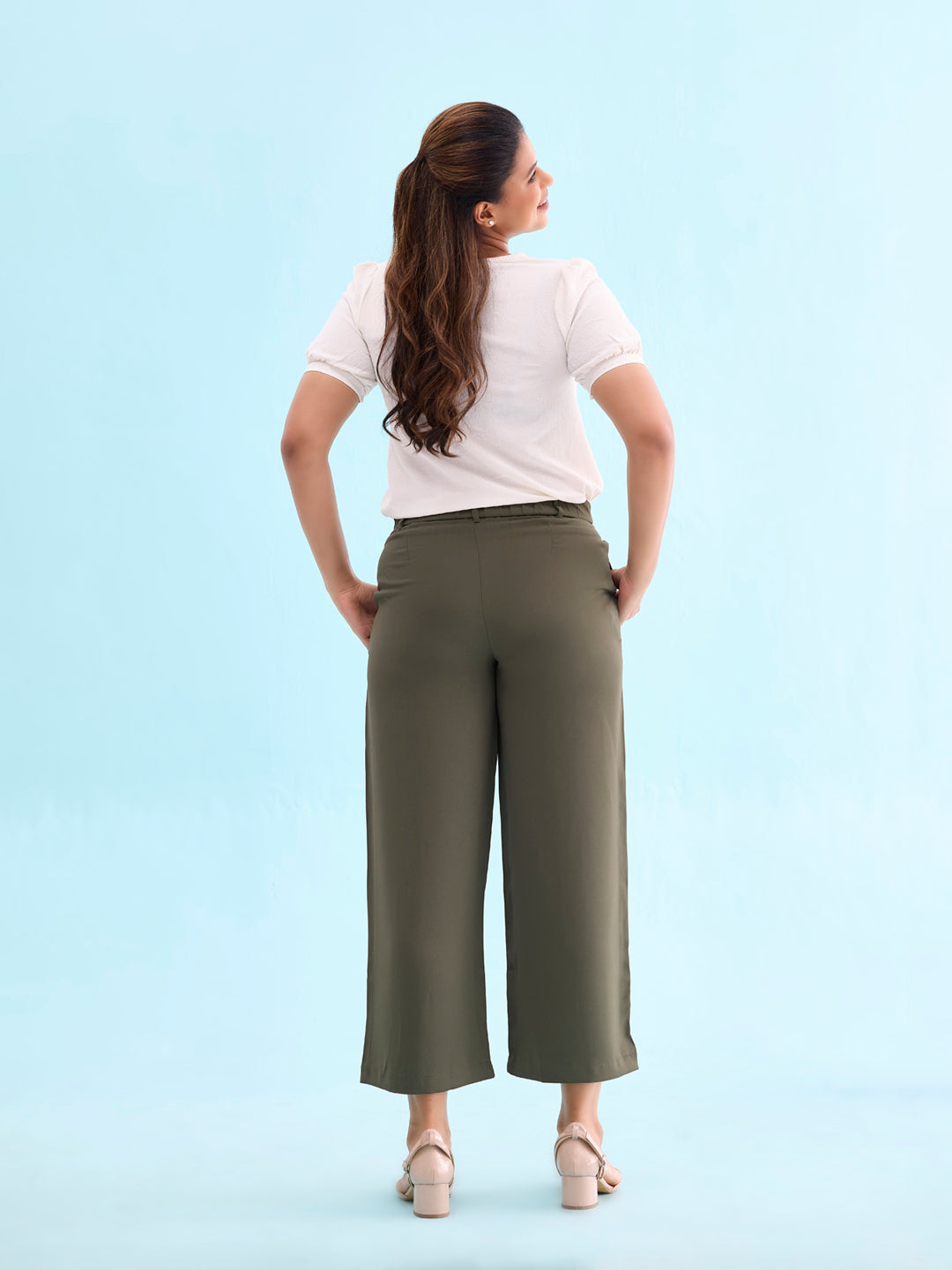 Olive Green Crepe Wide Trouser