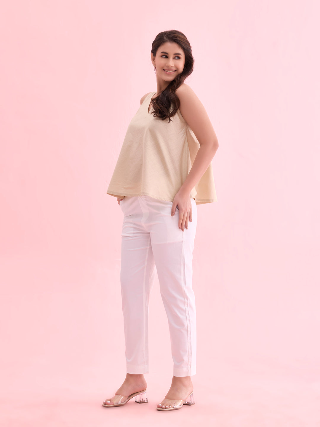 White Woven Cotton Stretch Chino Pants