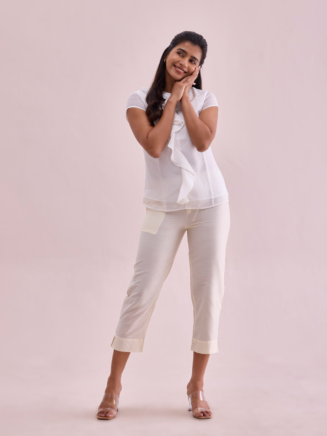 Cream Poly Modal Cropped Metallic Pants