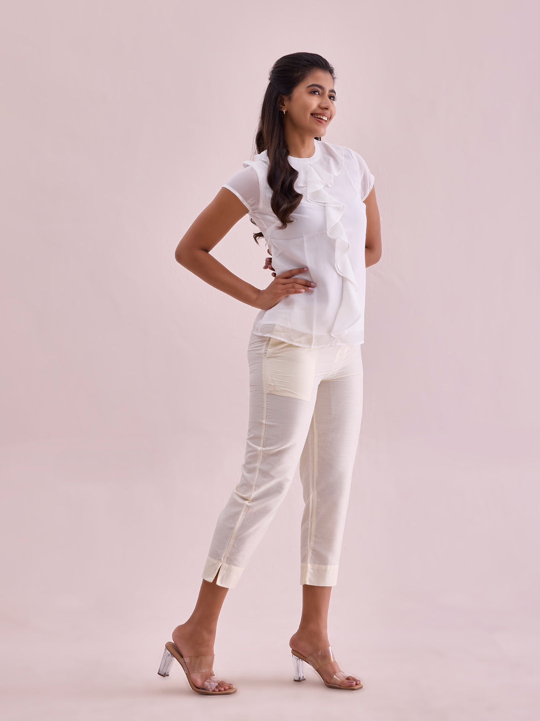Cream Poly Modal Cropped Metallic Pants