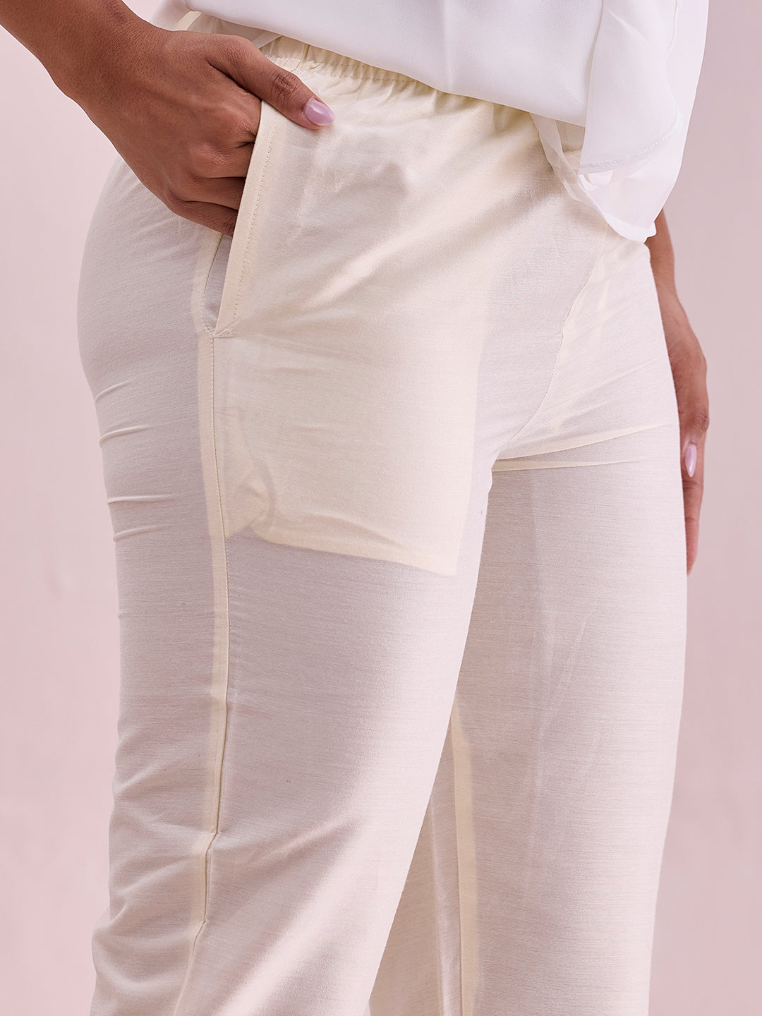 Cream Poly Modal Cropped Metallic Pants