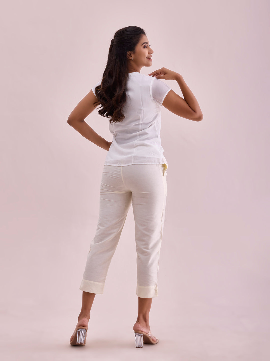 Cream Poly Modal Cropped Metallic Pants
