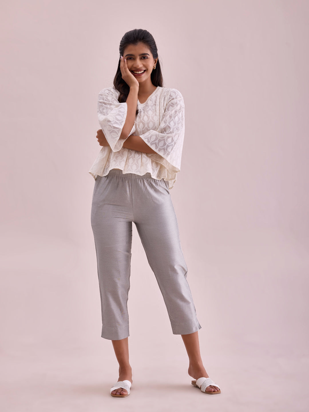 Silver Poly Modal Cropped Metallic Pants