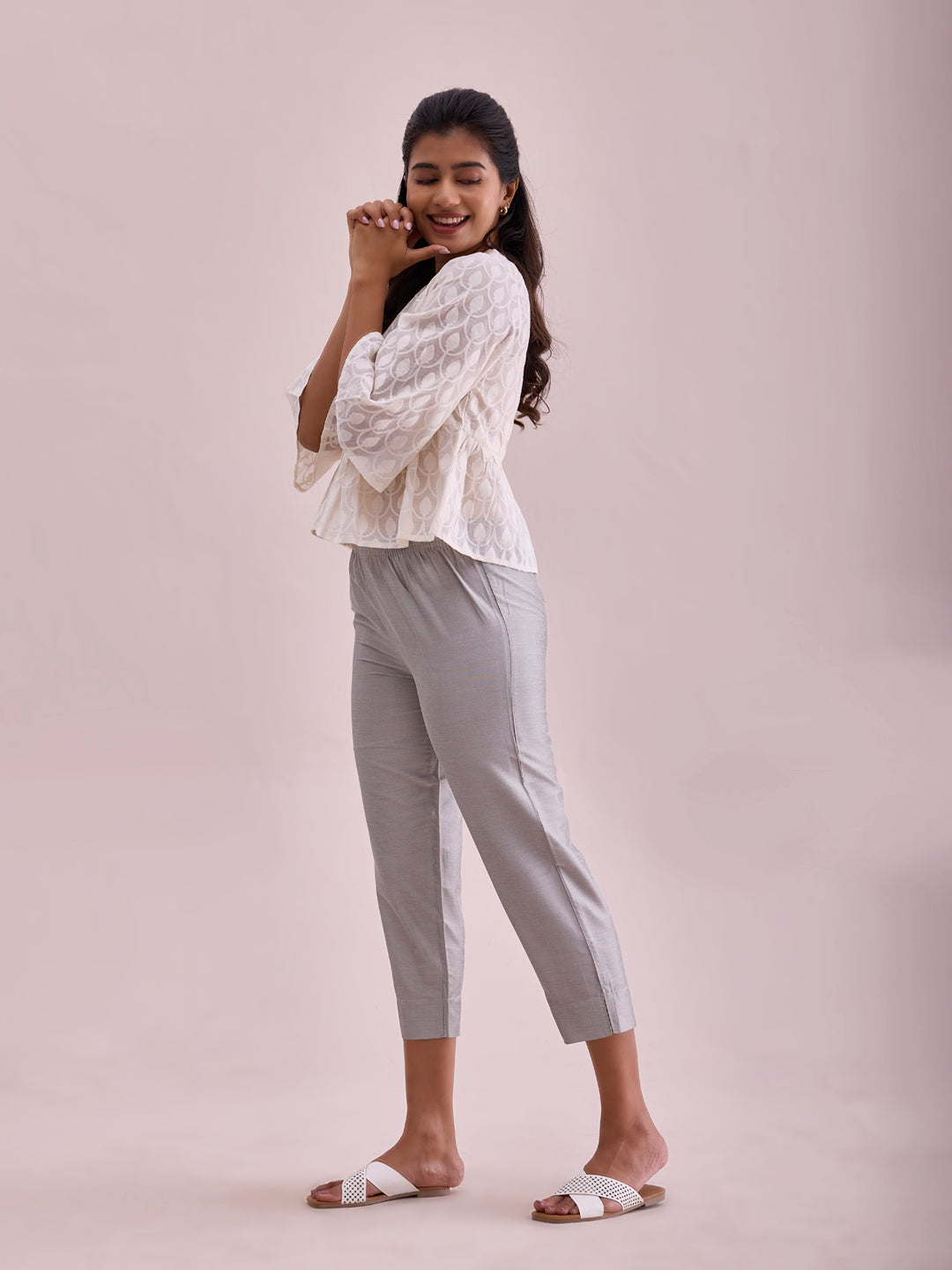 Silver Poly Modal Cropped Metallic Pants