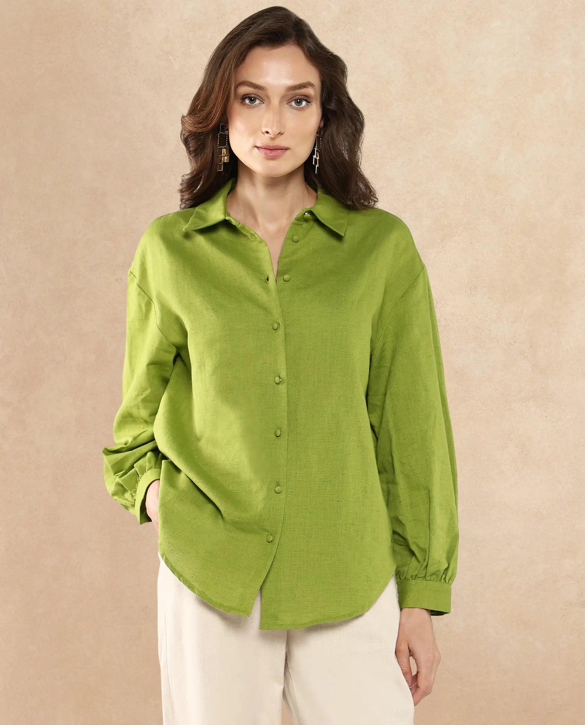 Rareism Women Lureno Light Olive Full Sleeve Collared Neck Button Closure Plain Top