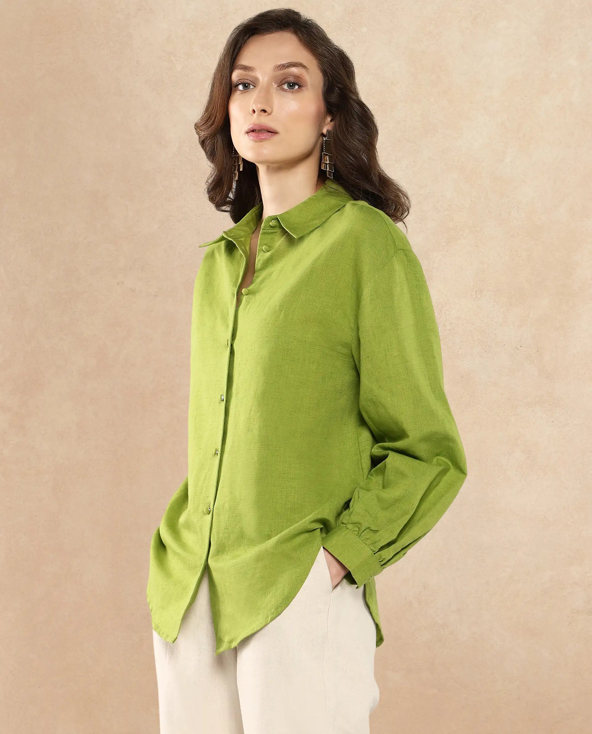 Rareism Women Lureno Light Olive Full Sleeve Collared Neck Button Closure Plain Top