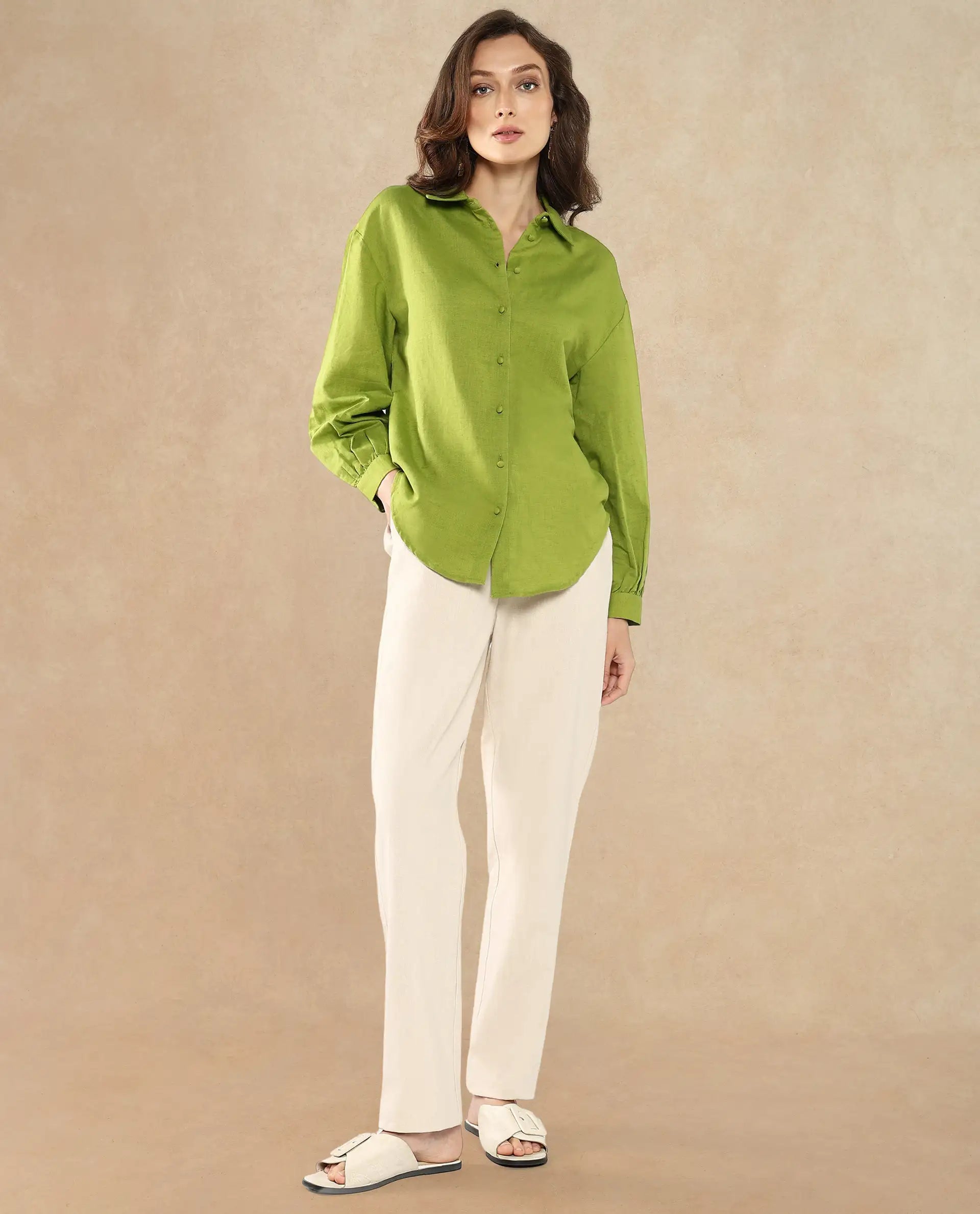 Rareism Women Lureno Light Olive Full Sleeve Collared Neck Button Closure Plain Top