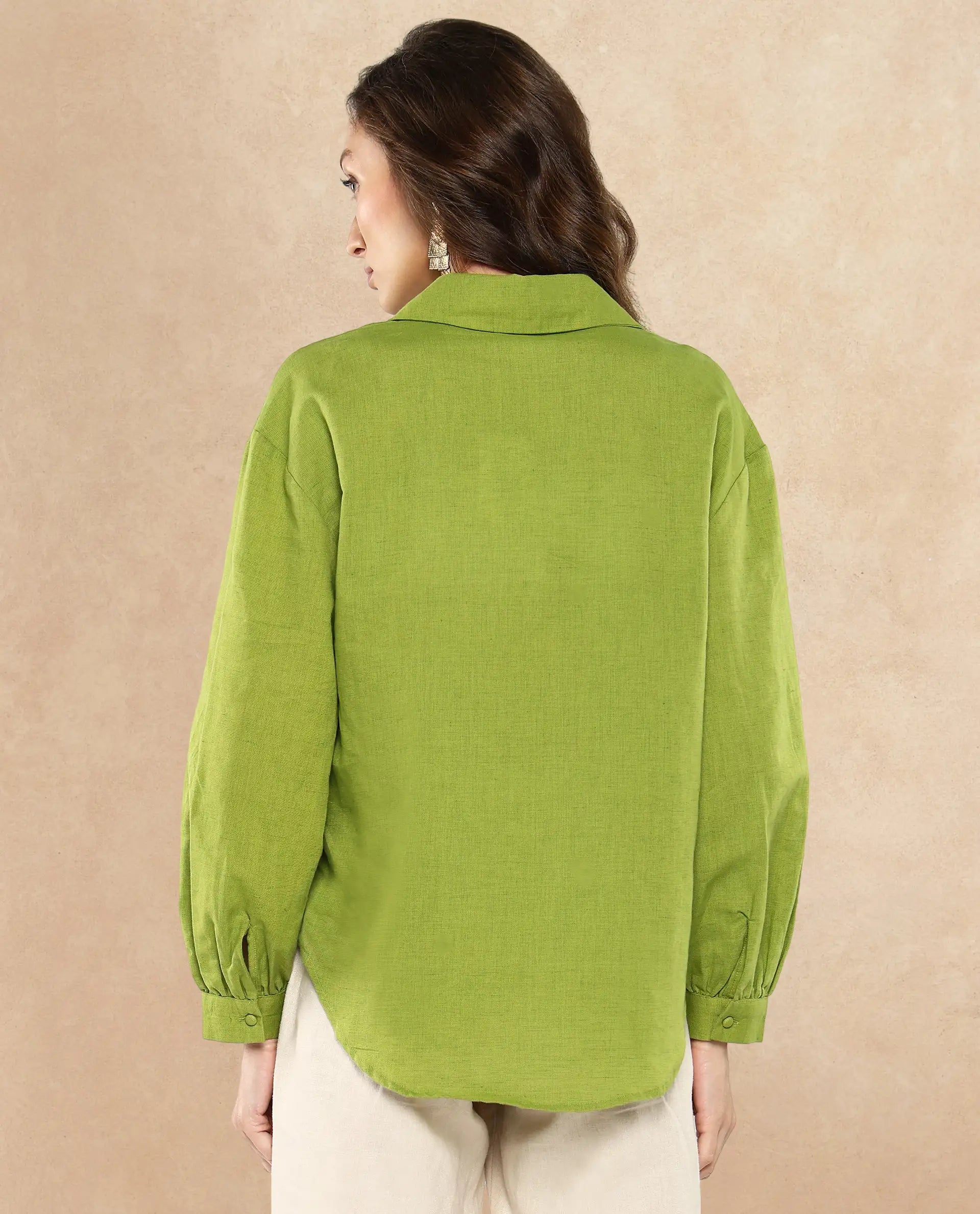 Rareism Women Lureno Light Olive Full Sleeve Collared Neck Button Closure Plain Top