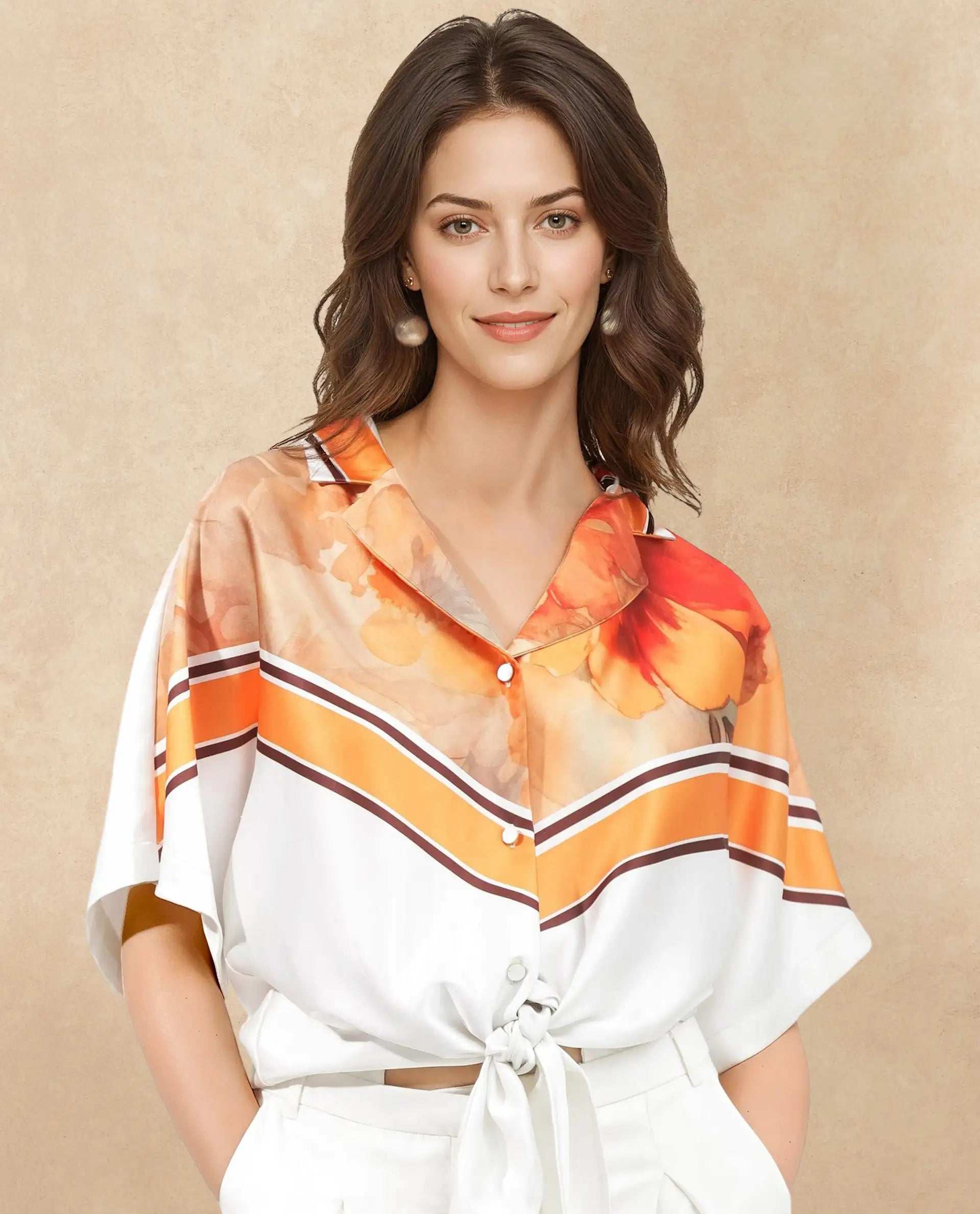 Rareism Women Lyney Multi Polyester Fabric Short Sleeve Collared Neck Geometric Print Regular Length Top