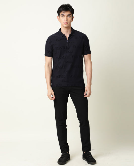 Rare Rabbit Men's Gesset-1 Navy Cotton Fabric Collared Neck Half Sleeves Statement Polo