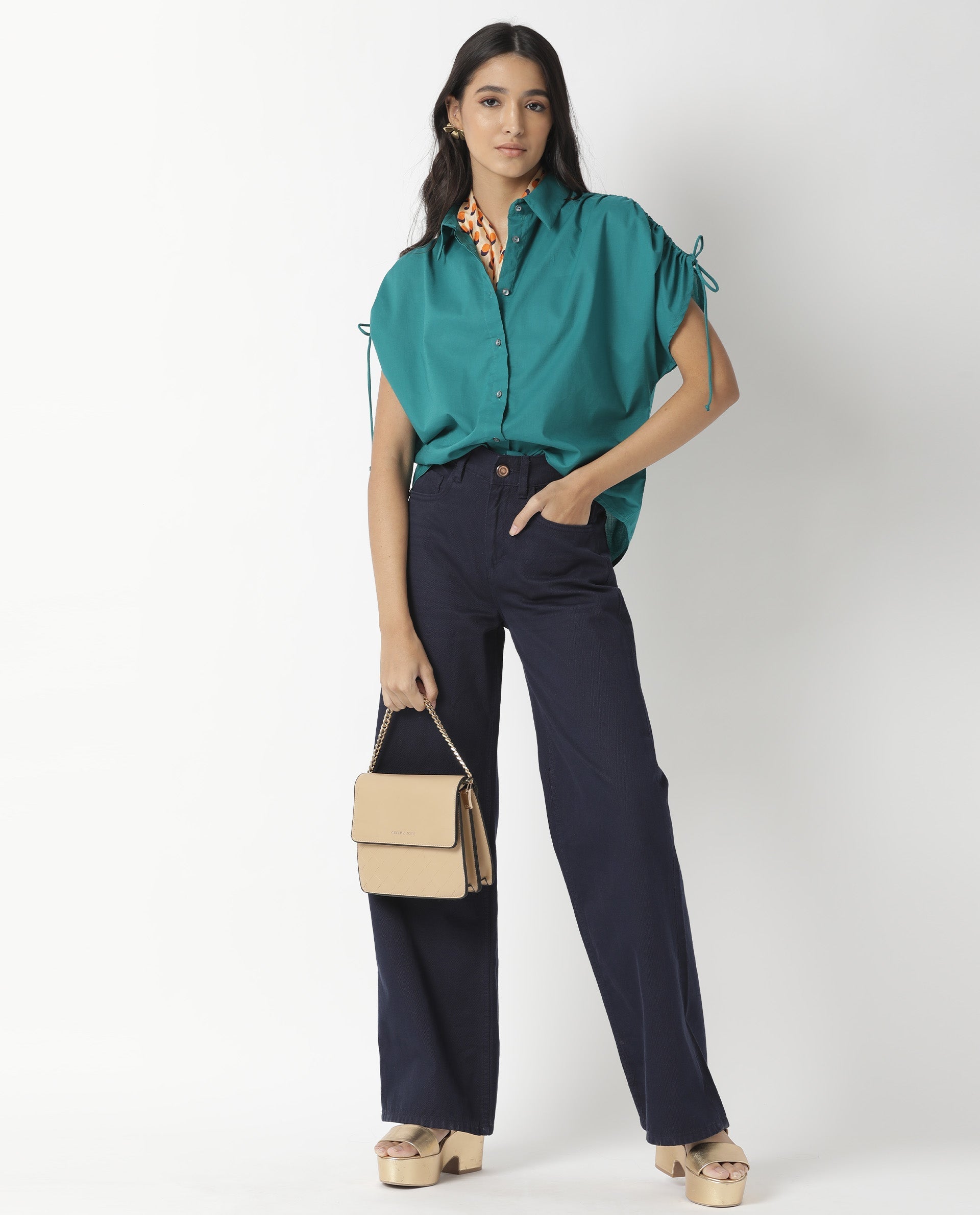 Rareism Women Tamara Dark Petrol Cotton Fabric Regular Fit Shirt Collar Half Sleeves Solid Top