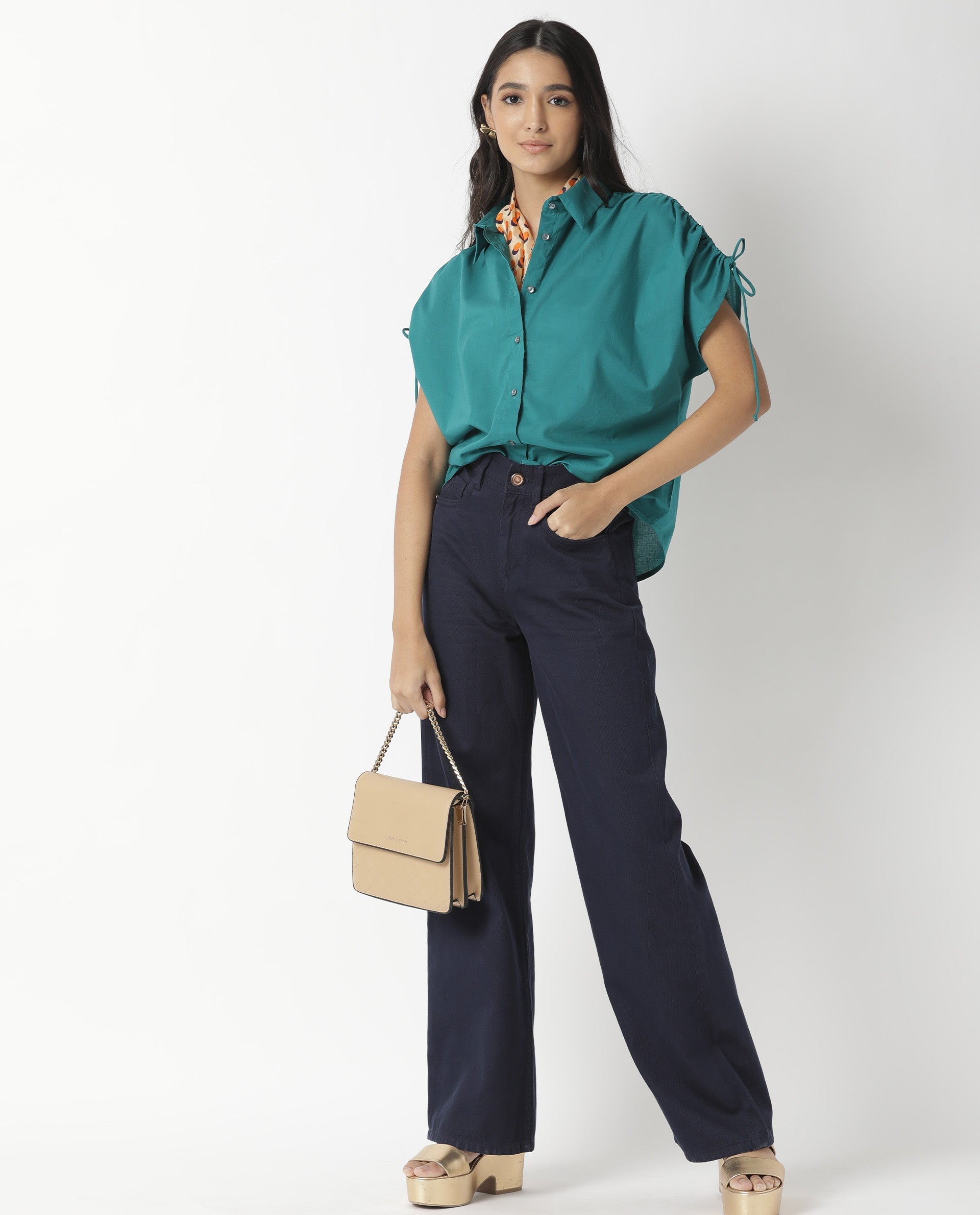 Rareism Women Tamara Dark Petrol Cotton Fabric Regular Fit Shirt Collar Half Sleeves Solid Top