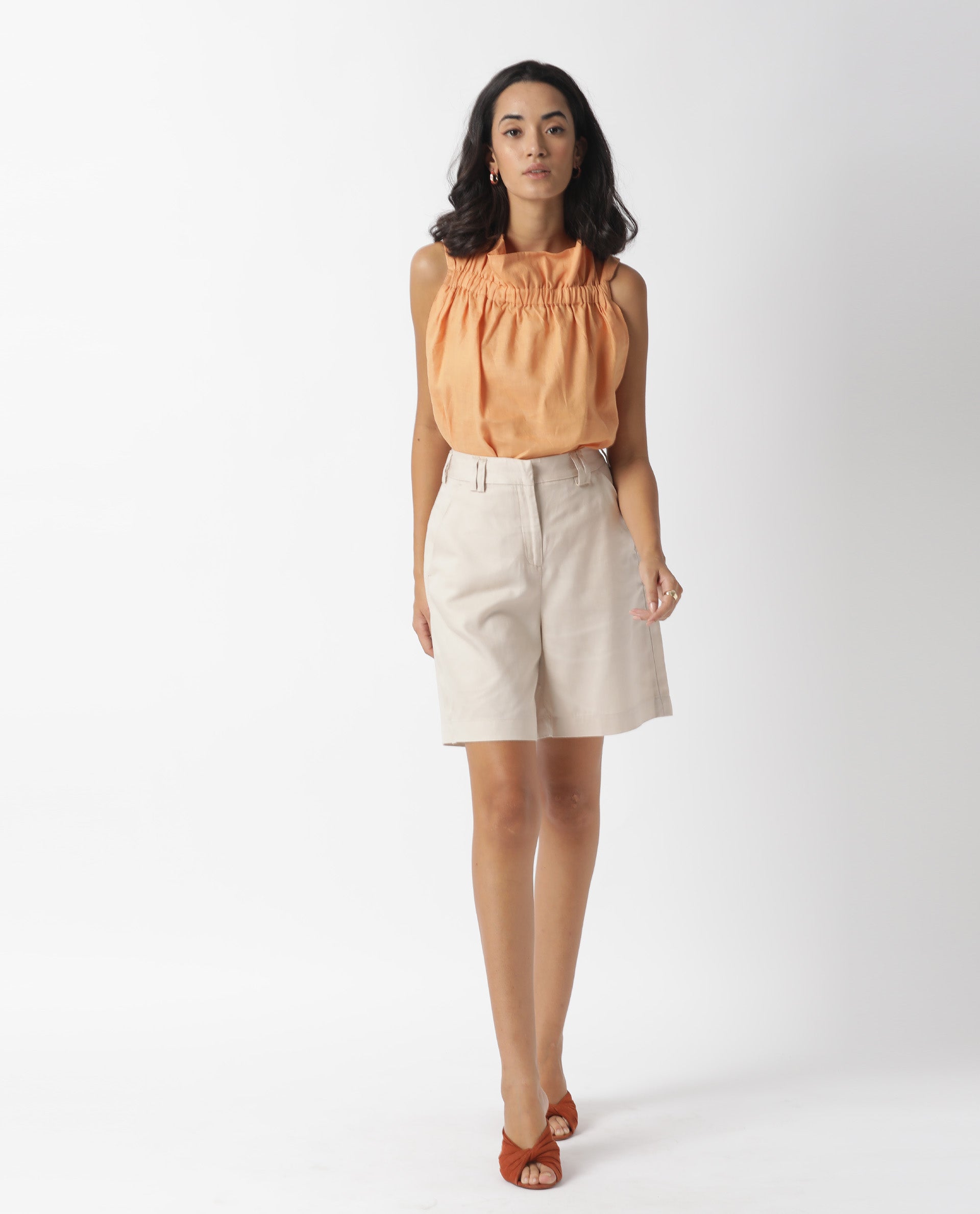 Rareism Womens Flash Orange Top Cotton Linen Fabric Regular Fit Sleeveless Round Neck