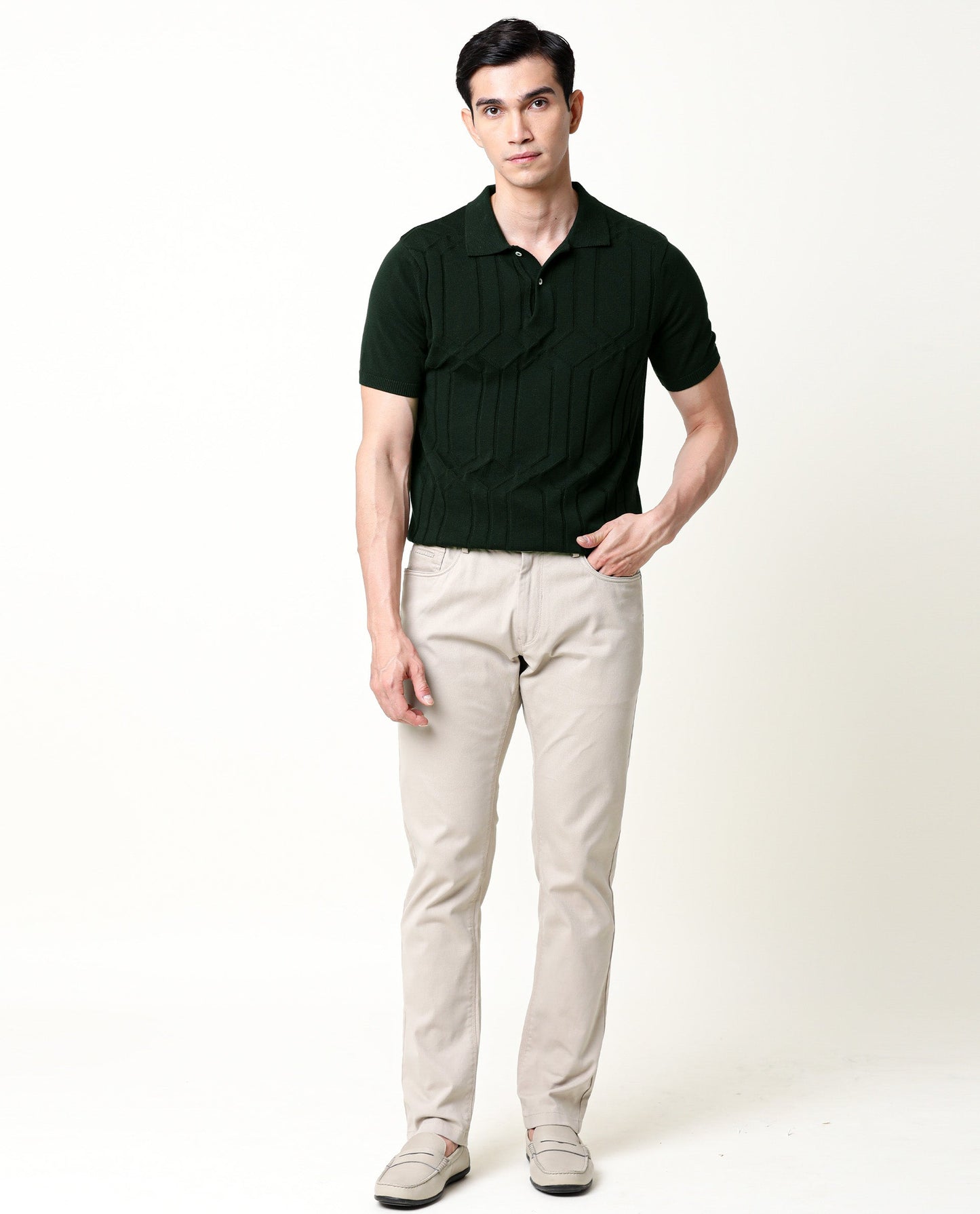 Rare Rabbit Men's Link Olive Cotton Fabric Collared Neck Flat Knit Half Sleeve Polo