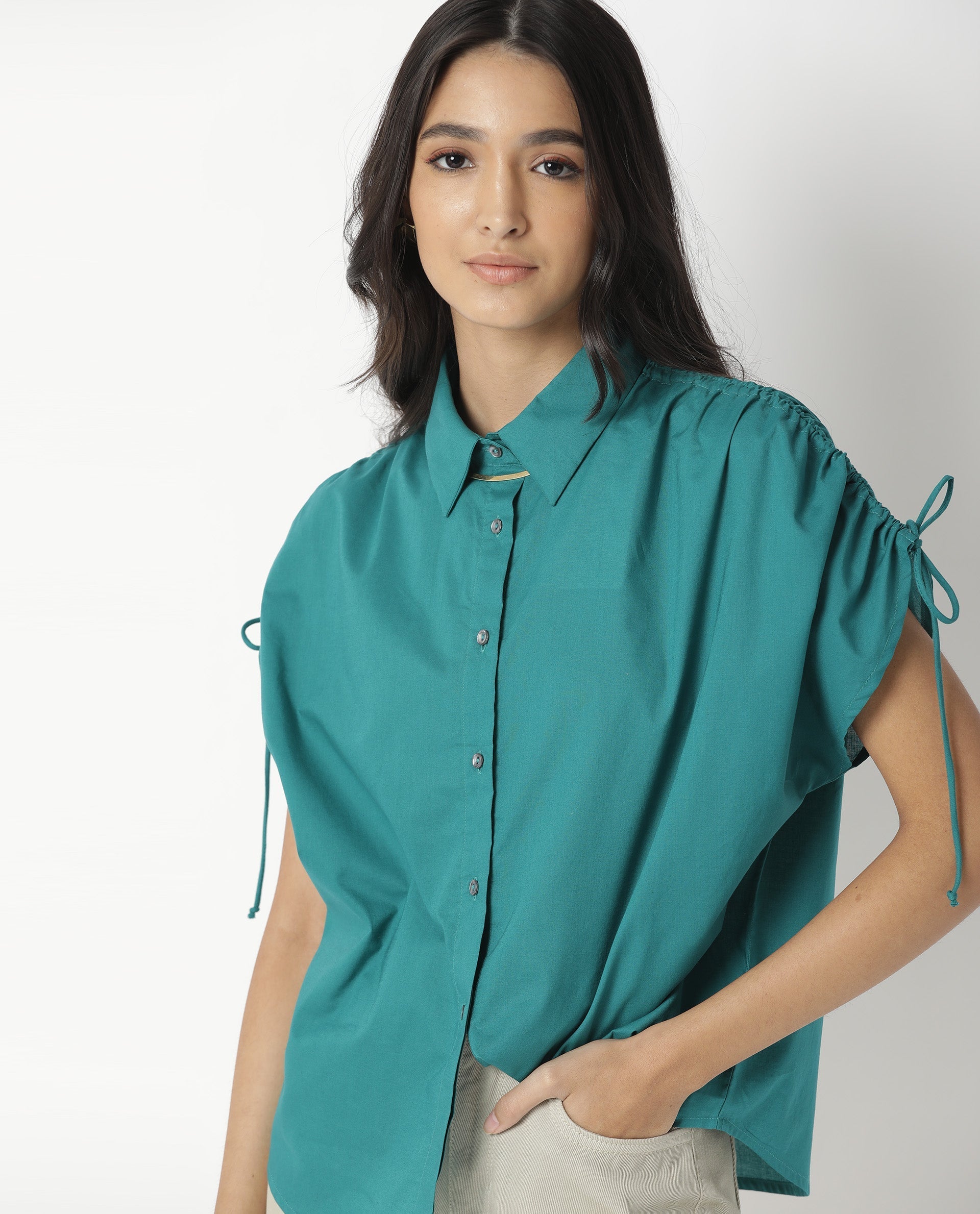 Rareism Women Tamara Dark Petrol Cotton Fabric Regular Fit Shirt Collar Half Sleeves Solid Top