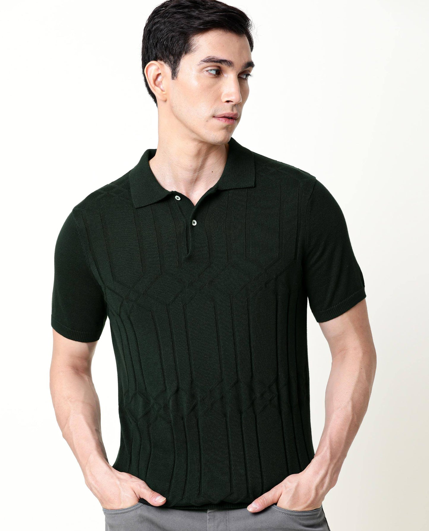 Rare Rabbit Men's Link Olive Cotton Fabric Collared Neck Flat Knit Half Sleeve Polo