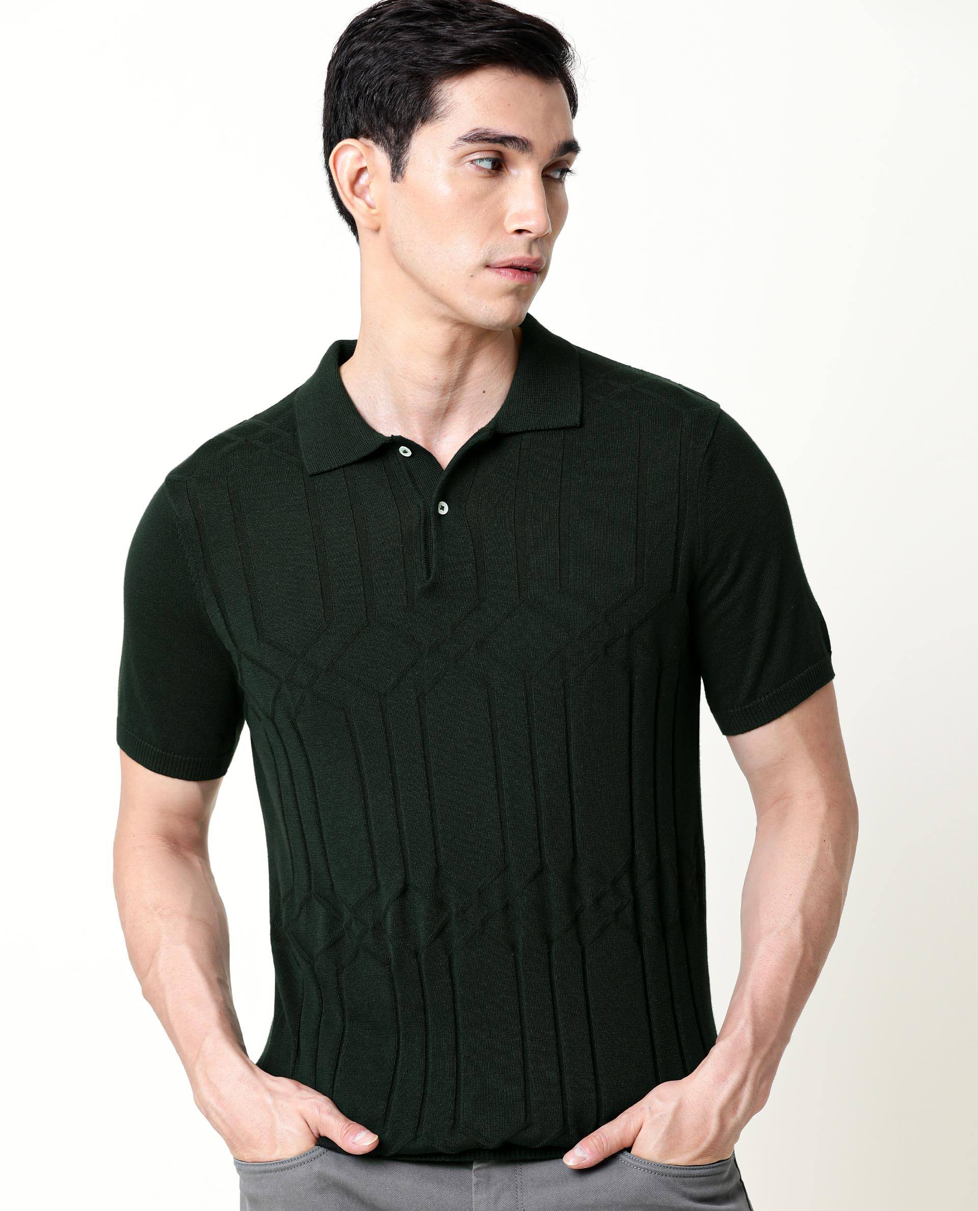 Rare Rabbit Men's Link Olive Cotton Fabric Collared Neck Flat Knit Half Sleeve Polo
