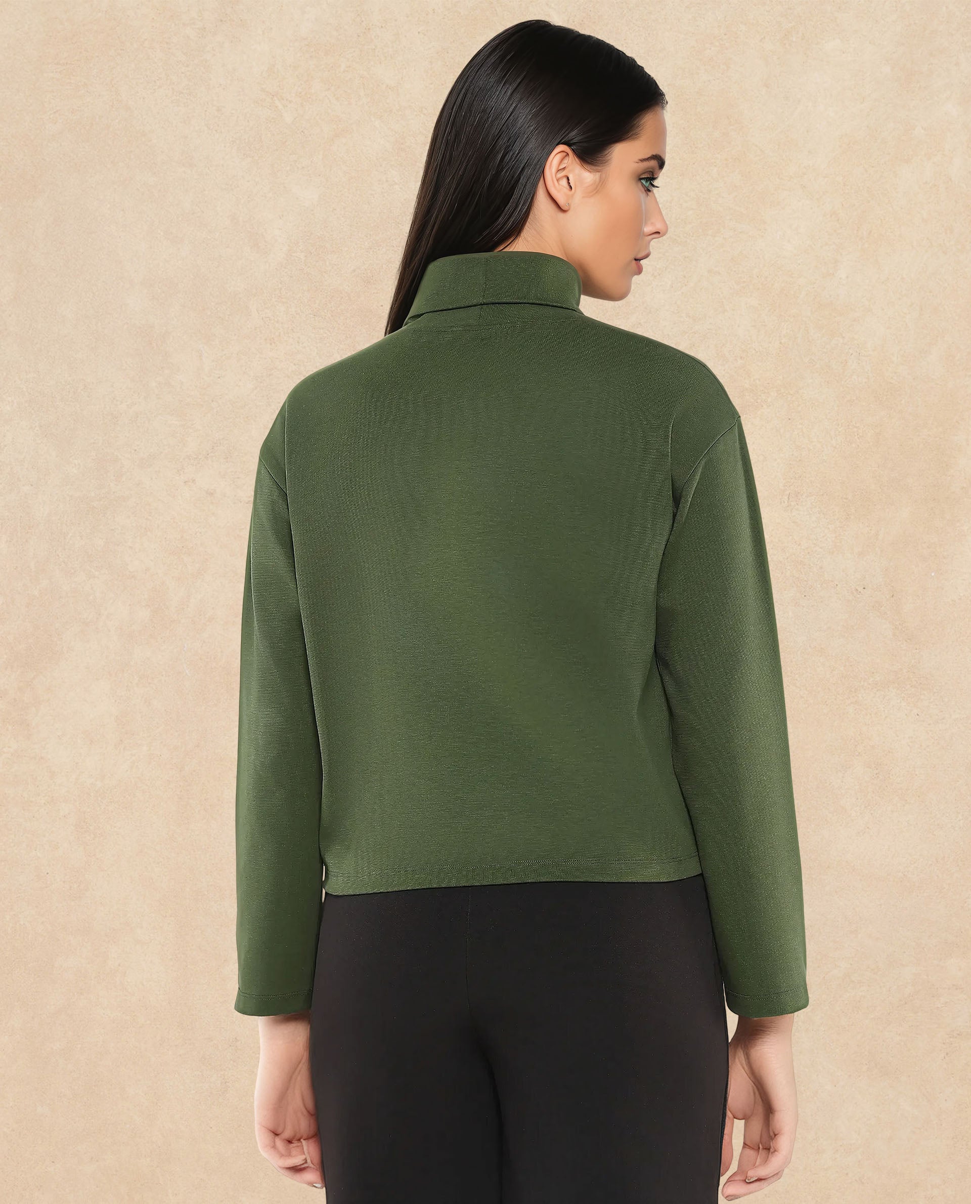 Rareism Women Malatya Olive Cotton Viscose Fabric Full Sleeve Collared Neck Slim Fit Plain Top