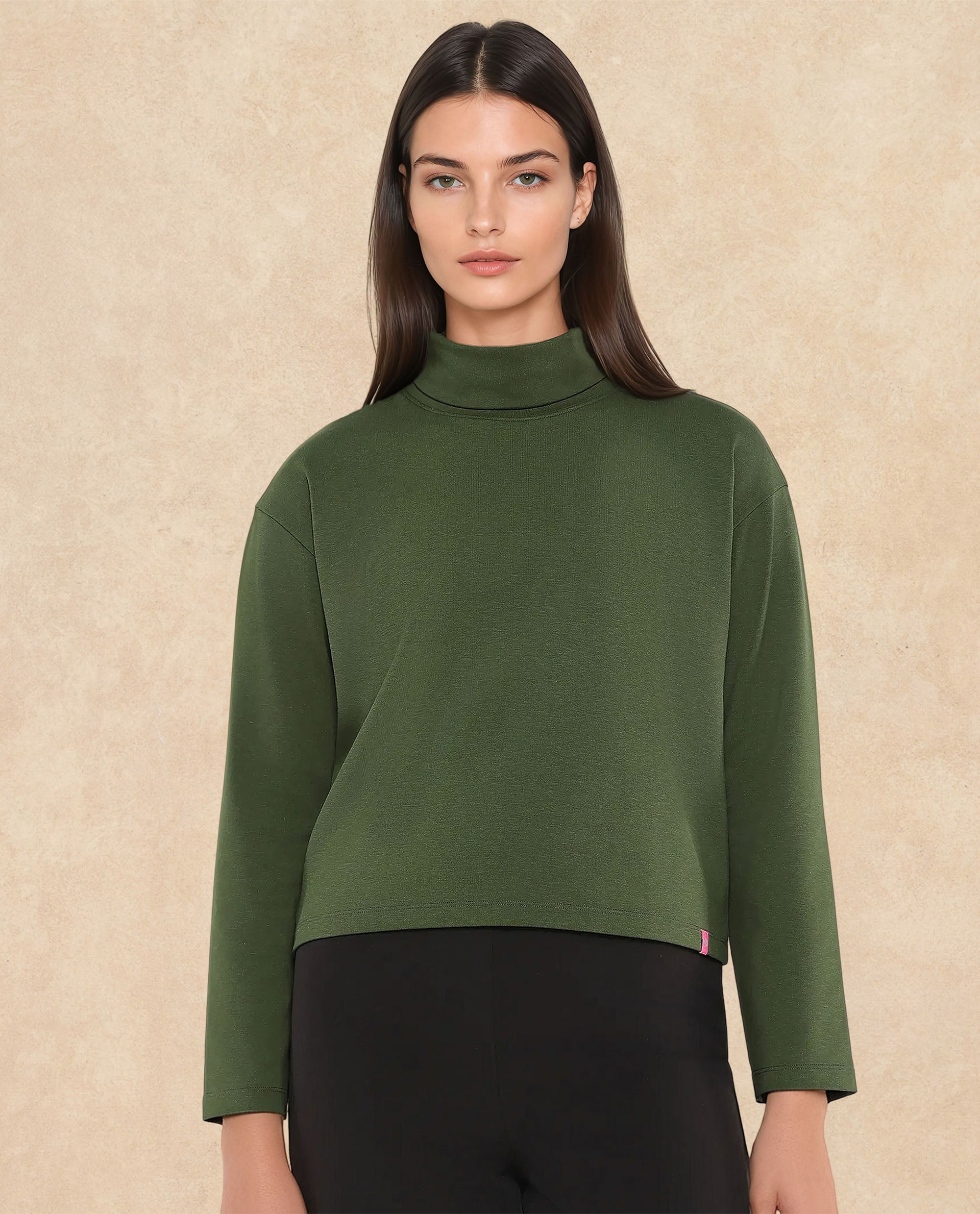 Rareism Women Malatya Olive Cotton Viscose Fabric Full Sleeve Collared Neck Slim Fit Plain Top