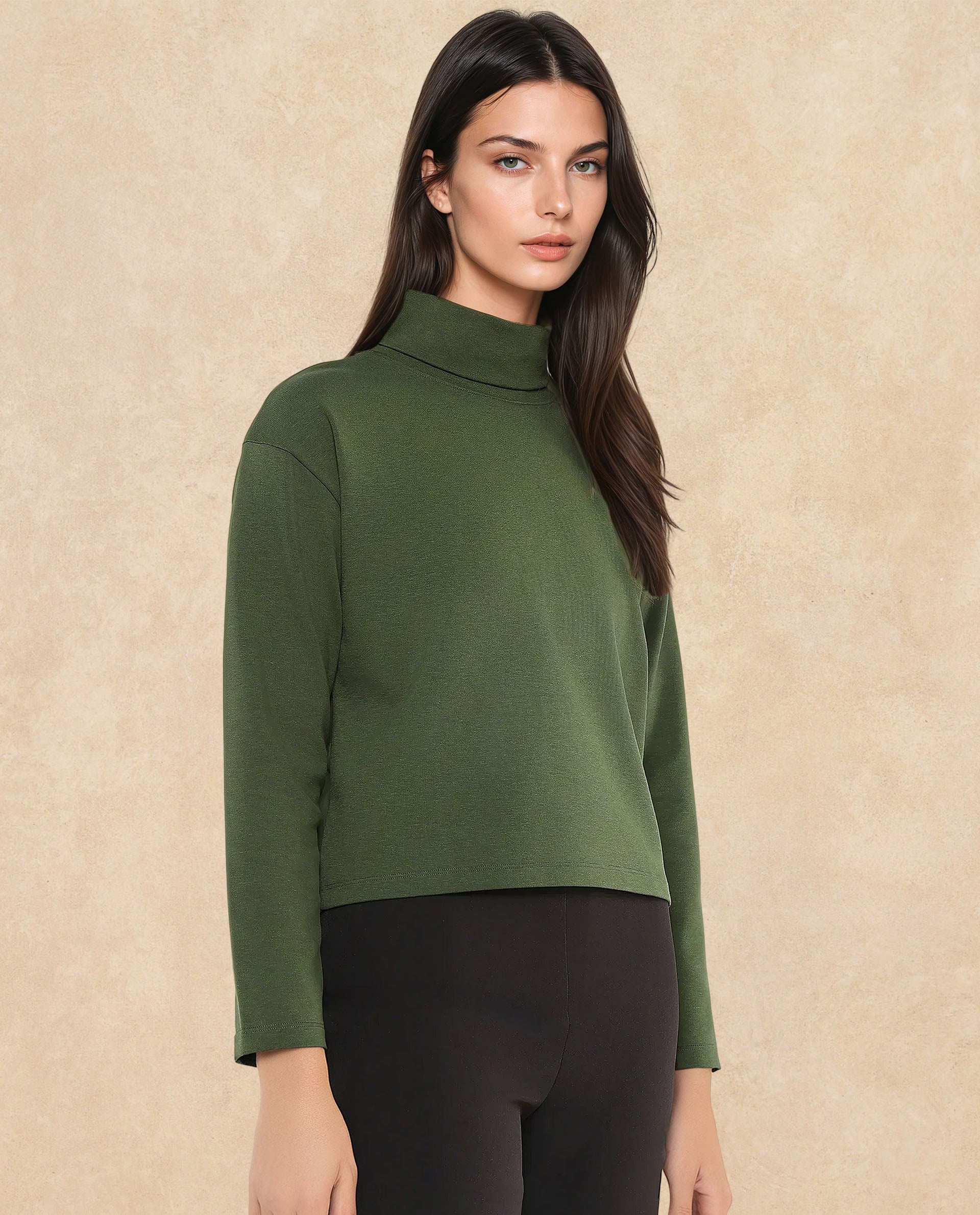 Rareism Women Malatya Olive Cotton Viscose Fabric Full Sleeve Collared Neck Slim Fit Plain Top