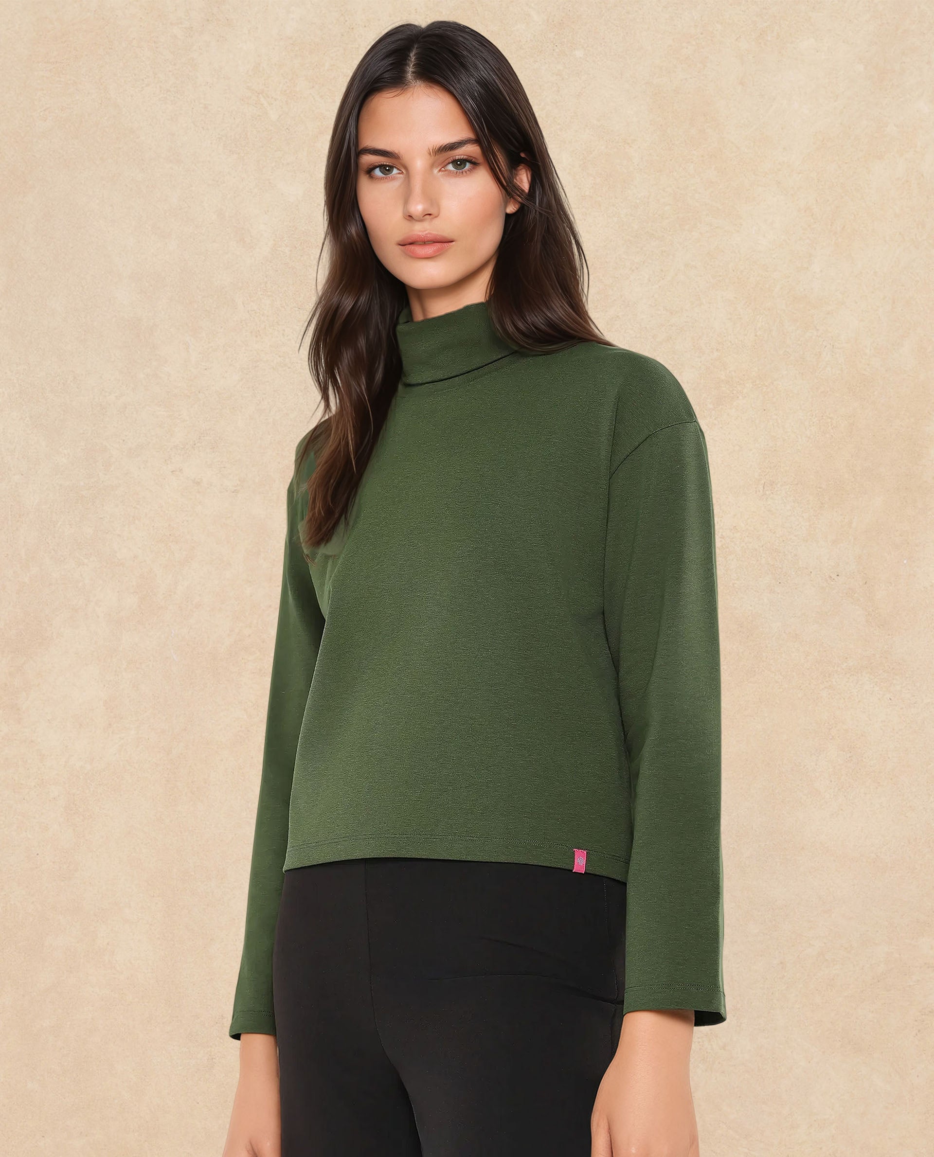 Rareism Women Malatya Olive Cotton Viscose Fabric Full Sleeve Collared Neck Slim Fit Plain Top