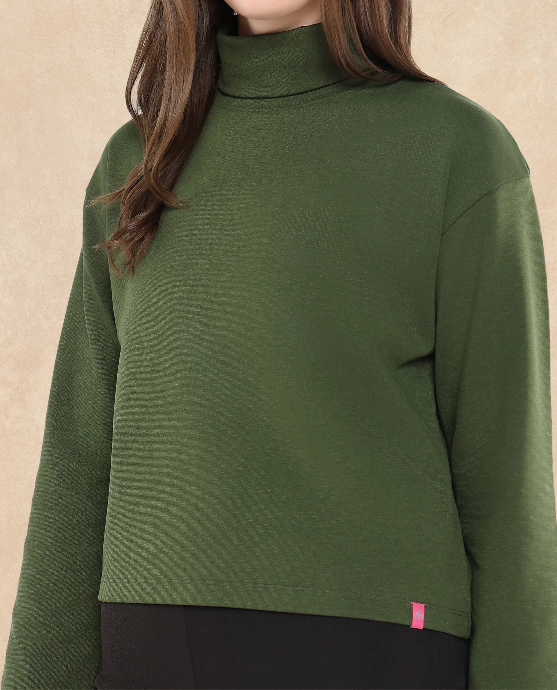 Rareism Women Malatya Olive Cotton Viscose Fabric Full Sleeve Collared Neck Slim Fit Plain Top