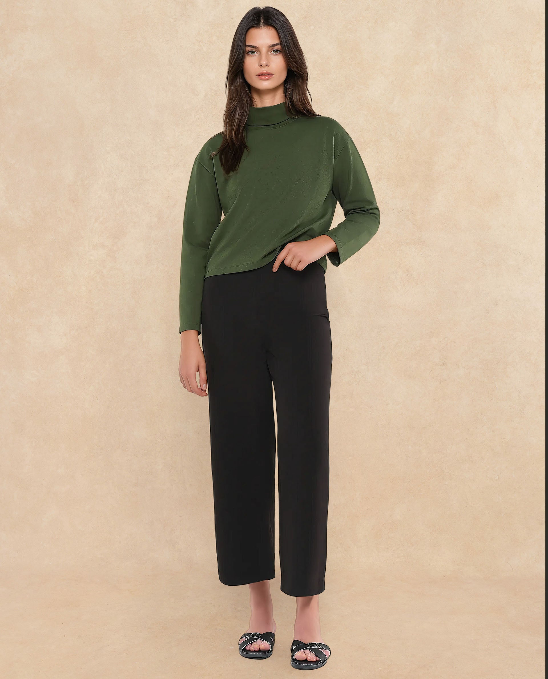 Rareism Women Malatya Olive Cotton Viscose Fabric Full Sleeve Collared Neck Slim Fit Plain Top