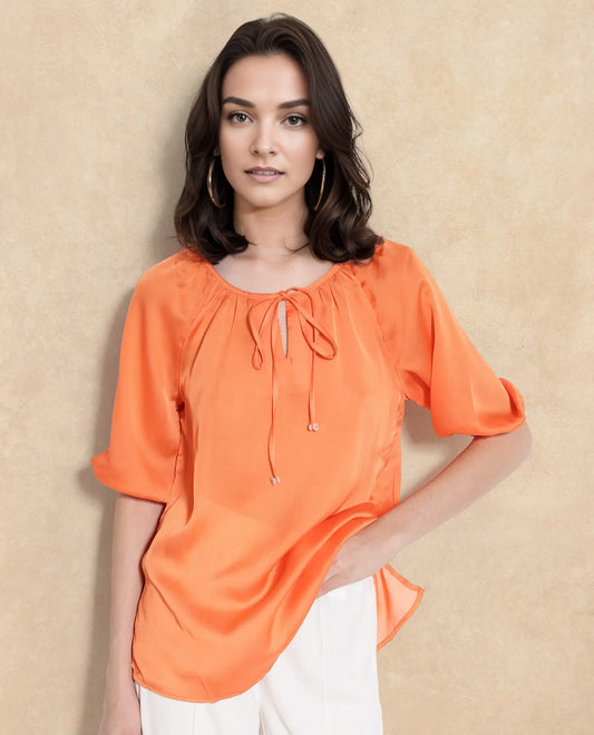 Rareism Women Maleda Orange Polyester Fabric Noodle Strap  Mini Cropped Solid Top