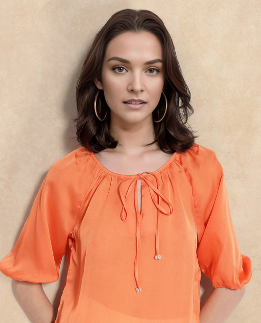 Rareism Women Maleda Orange Polyester Fabric Noodle Strap  Mini Cropped Solid Top