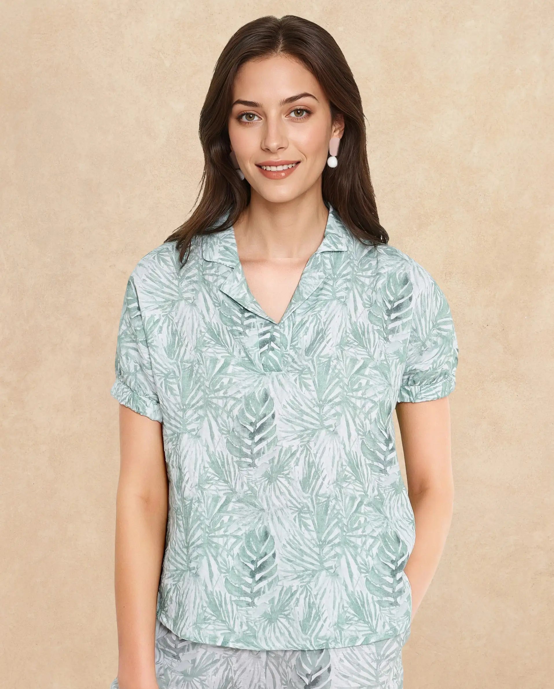 Rareism Women Manak Off White Extended Sleeves Lapel Neck Abstract Print Top